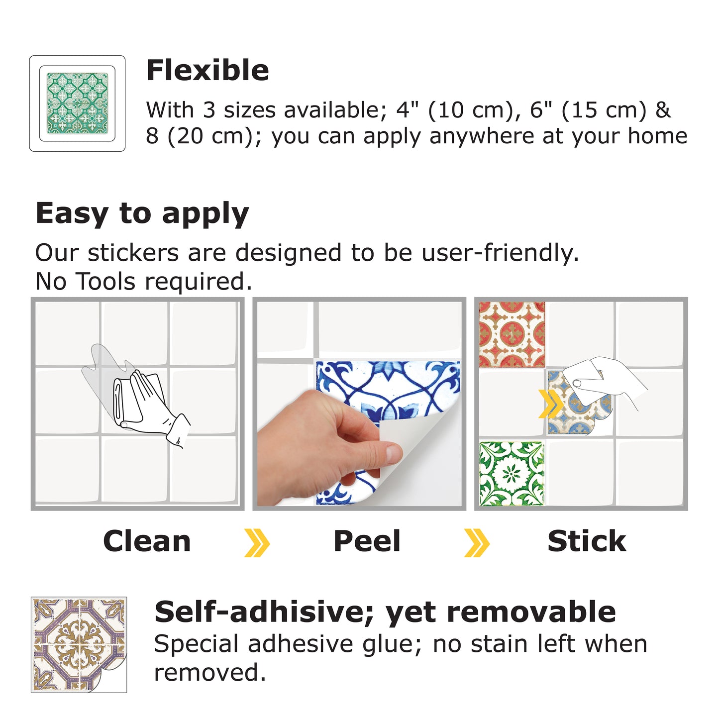 WT1522 Vintage Porcelain Tiles Mix Wall Stickers - 15 cm x 15 cm - 24 pcs.