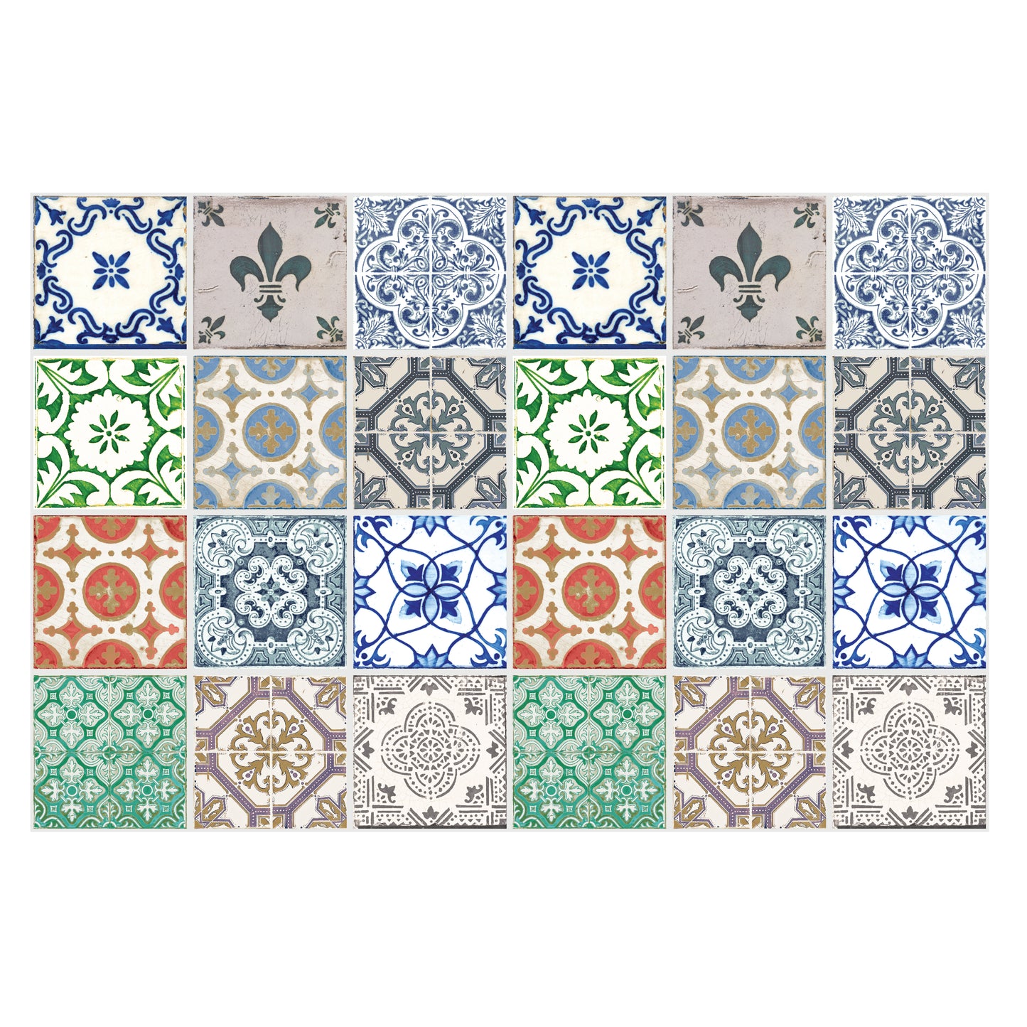 WT1522 Vintage Porcelain Tiles Mix Wall Stickers - 15 cm x 15 cm - 24 pcs.
