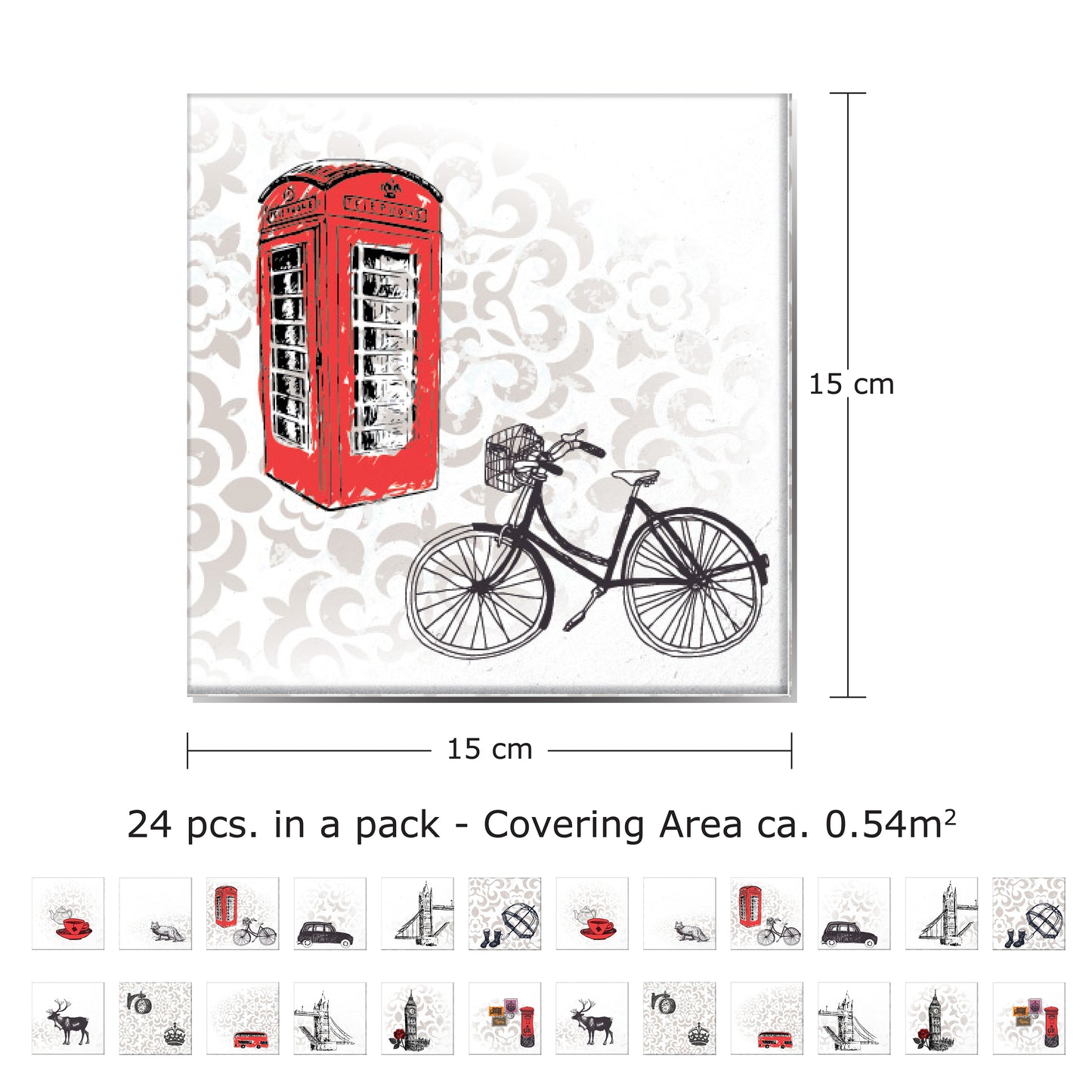 WT1524 Londoners Tiles Mix Wall Stickers - 15 cm x 15 cm - 24 pcs.