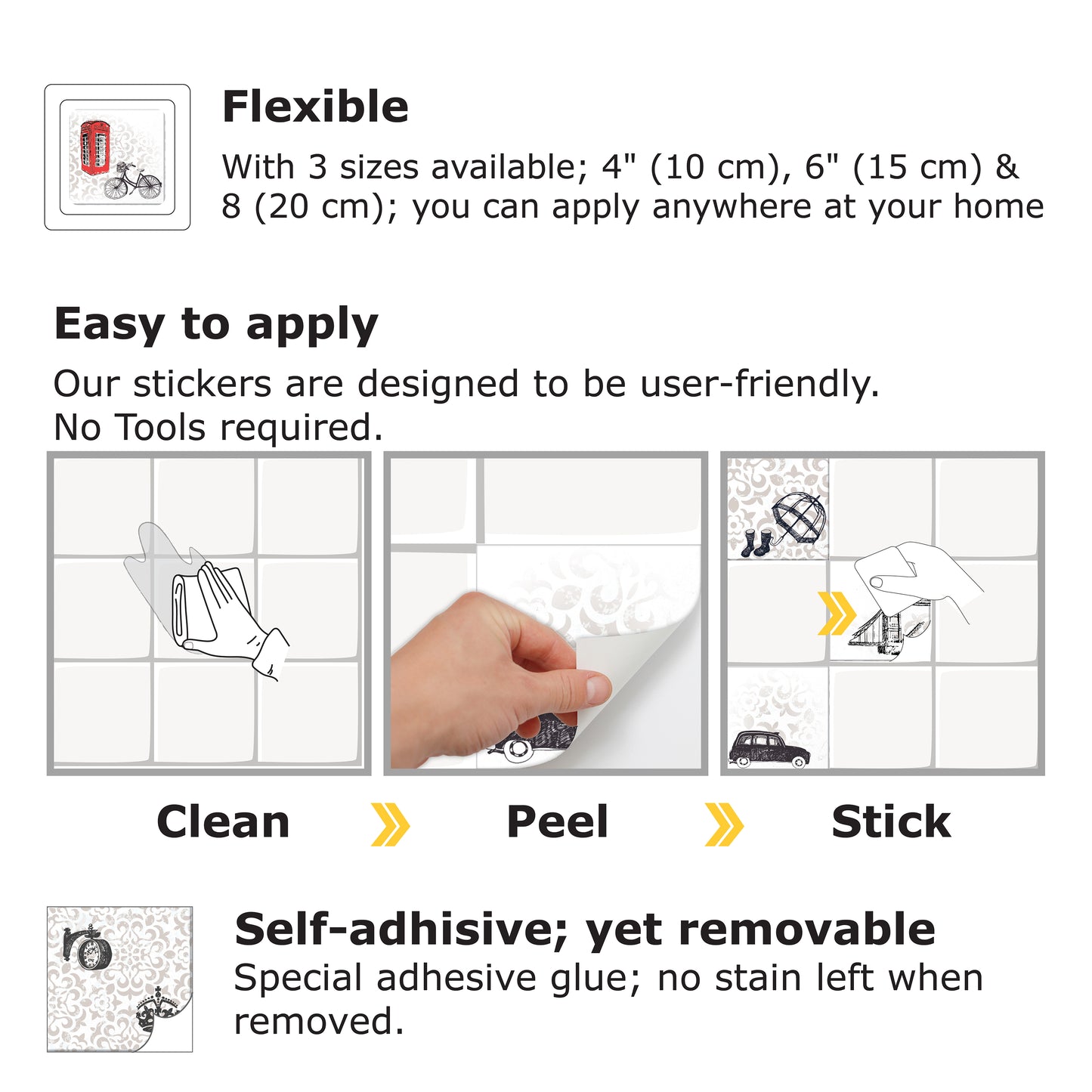 WT1524 Londoners Tiles Mix Wall Stickers - 15 cm x 15 cm - 24 pcs.