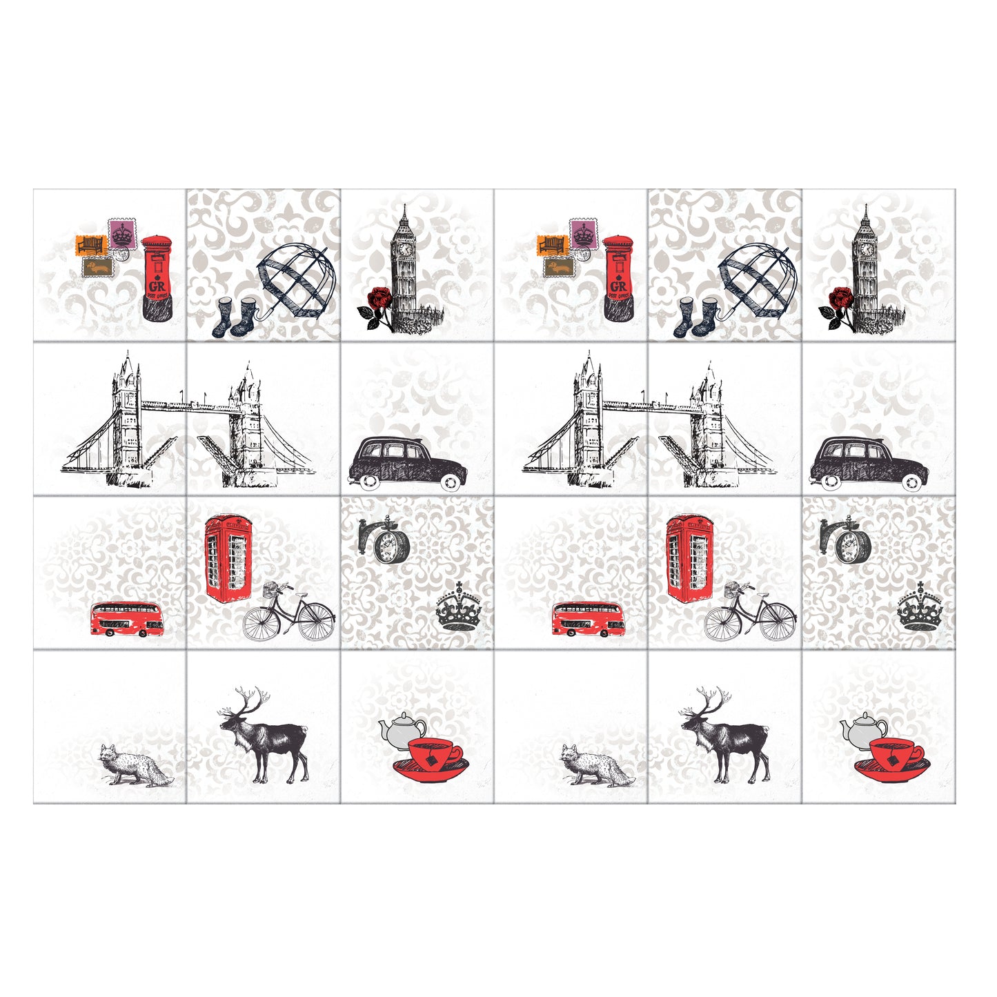 WT1524 Londoners Tiles Mix Wall Stickers - 15 cm x 15 cm - 24 pcs.