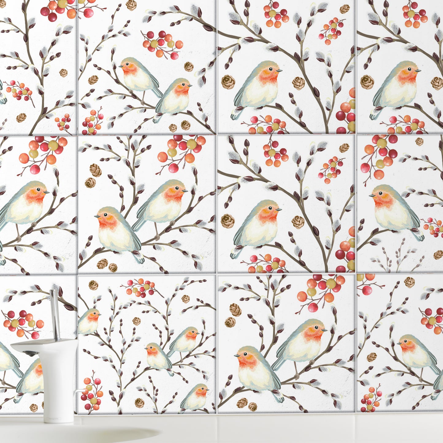 WT1525 Ode To The Robin Redbreast Tiles Mix Wall Stickers - 15 cm x 15 cm - 24 pcs.