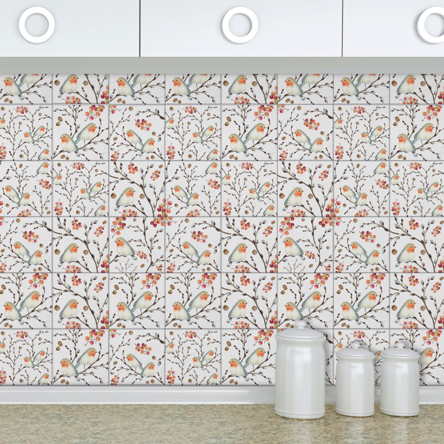 WT1525 Ode To The Robin Redbreast Tiles Mix Wall Stickers - 15 cm x 15 cm - 24 pcs.