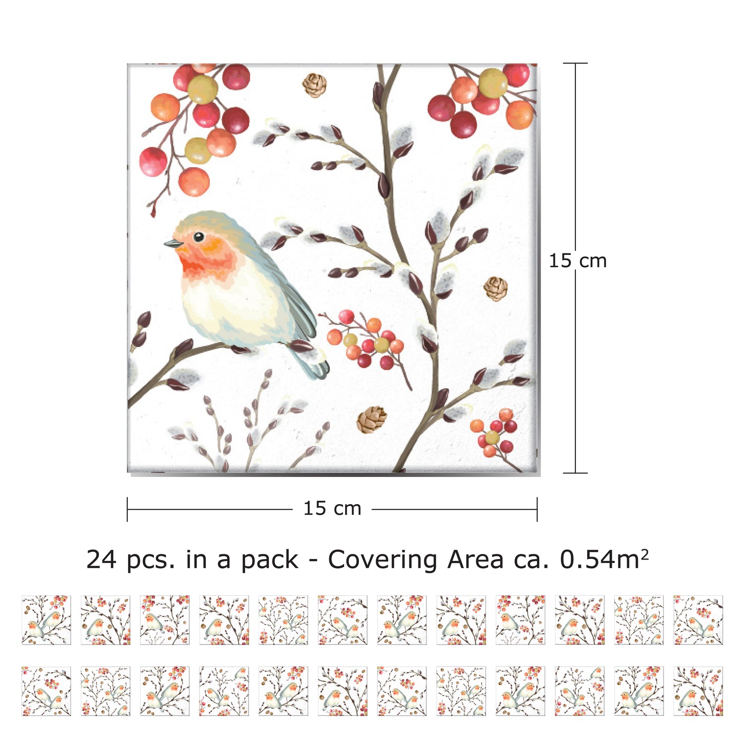 WT1525 Ode To The Robin Redbreast Tiles Mix Wall Stickers - 15 cm x 15 cm - 24 pcs.