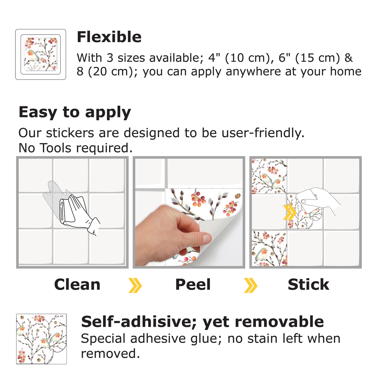 WT1525 Ode To The Robin Redbreast Tiles Mix Wall Stickers - 15 cm x 15 cm - 24 pcs.