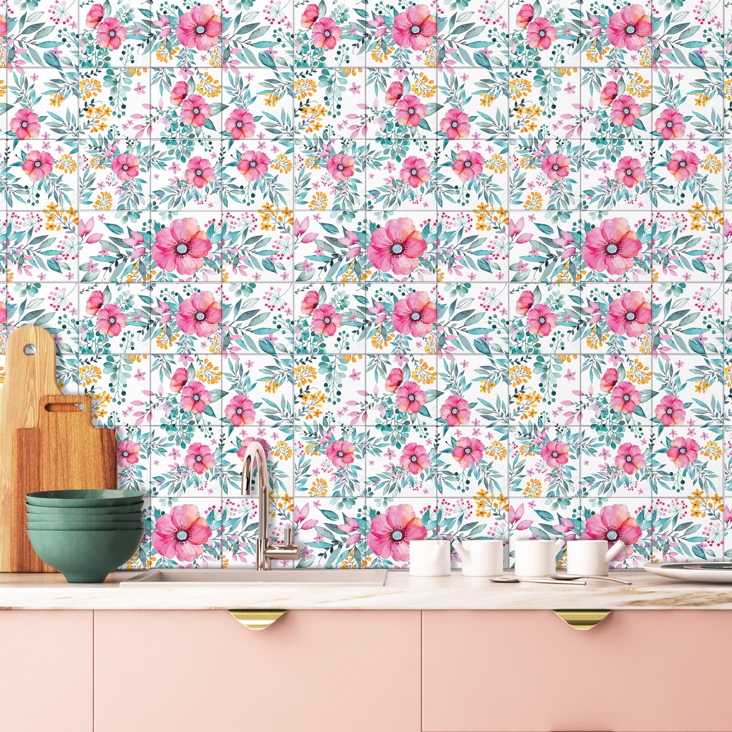 WT1526 Sweet Spring Bouquet Tiles Mix Wall Stickers - 15 cm x 15 cm - 24 pcs.