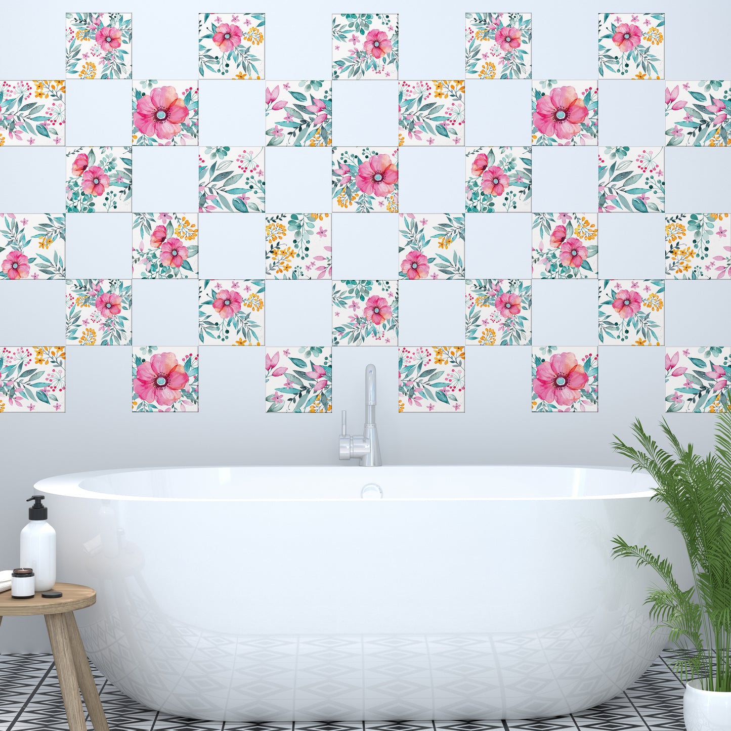 WT1526 Sweet Spring Bouquet Tiles Mix Wall Stickers - 15 cm x 15 cm - 24 pcs.