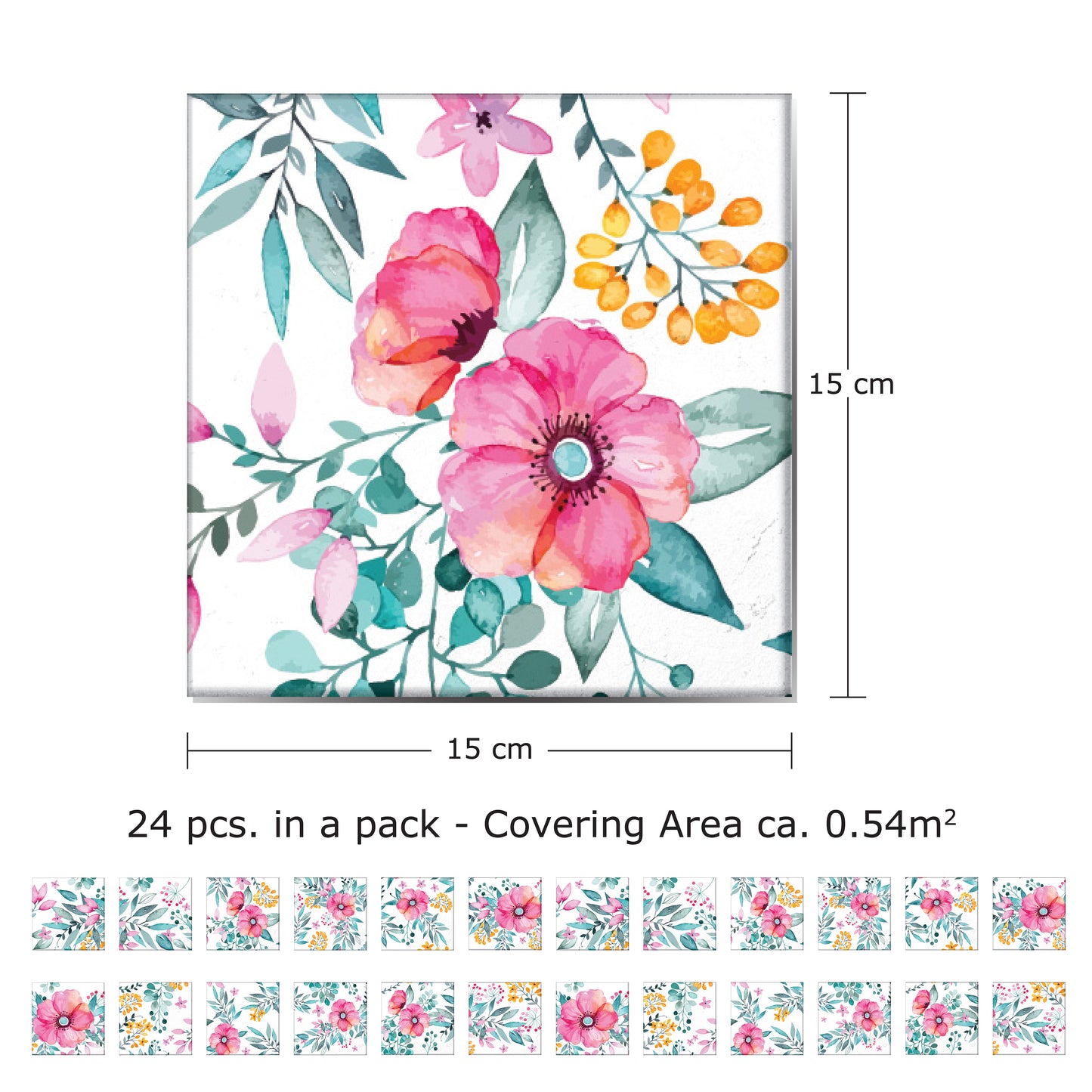 WT1526 Sweet Spring Bouquet Tiles Mix Wall Stickers - 15 cm x 15 cm - 24 pcs.