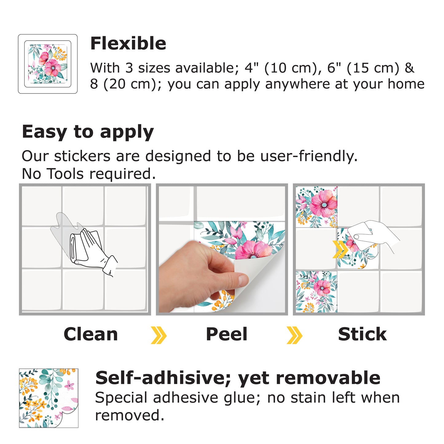 WT1526 Sweet Spring Bouquet Tiles Mix Wall Stickers - 15 cm x 15 cm - 24 pcs.