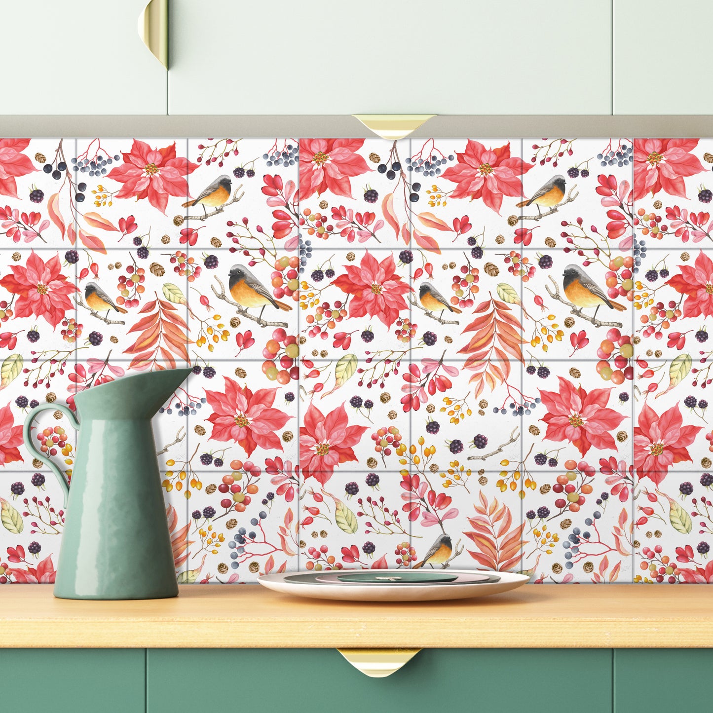 WT1527 Poinsettia the Winter Joy Tiles Mix Wall Stickers - 15 cm x 15 cm - 24 pcs.