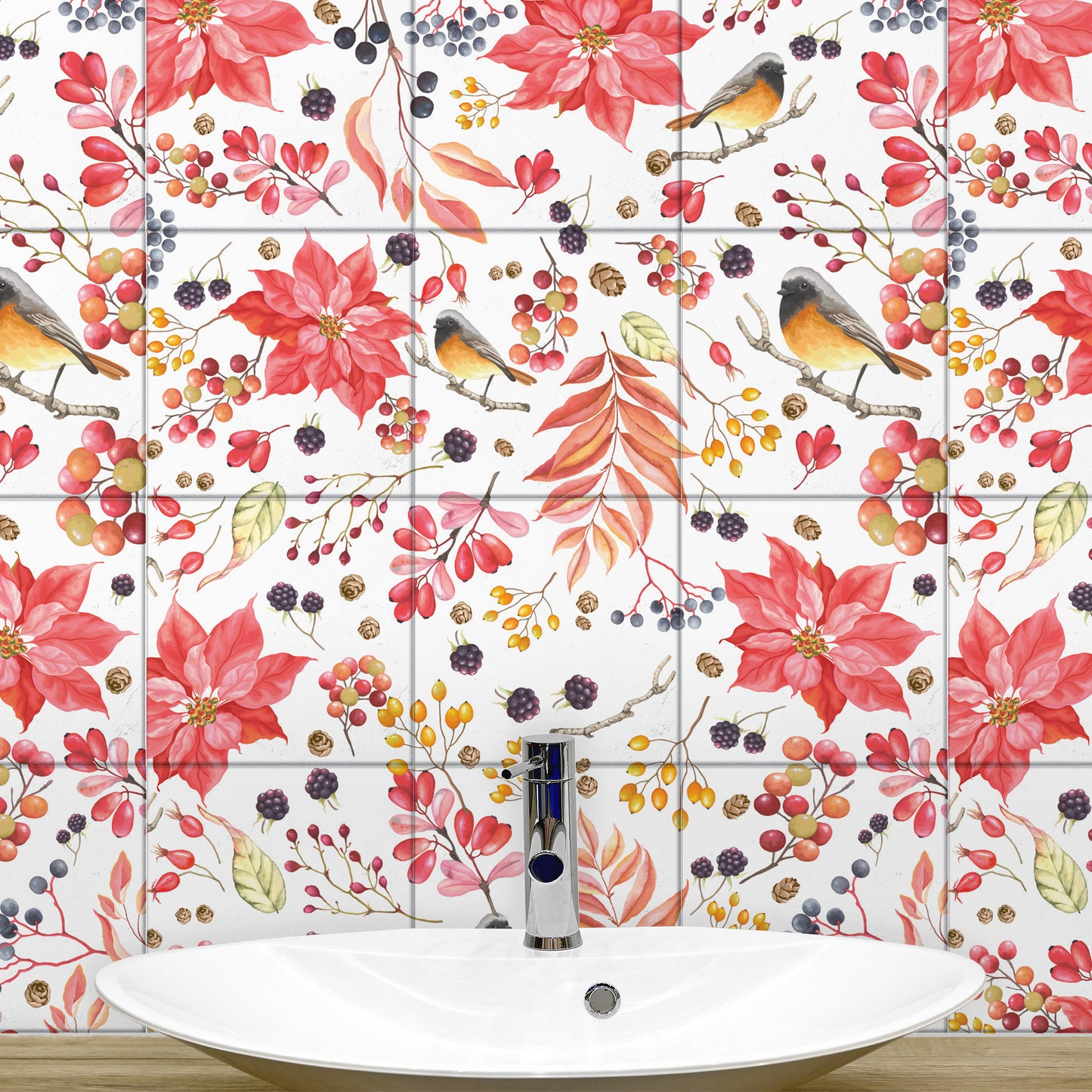WT1527 Poinsettia the Winter Joy Tiles Mix Wall Stickers - 15 cm x 15 cm - 24 pcs.