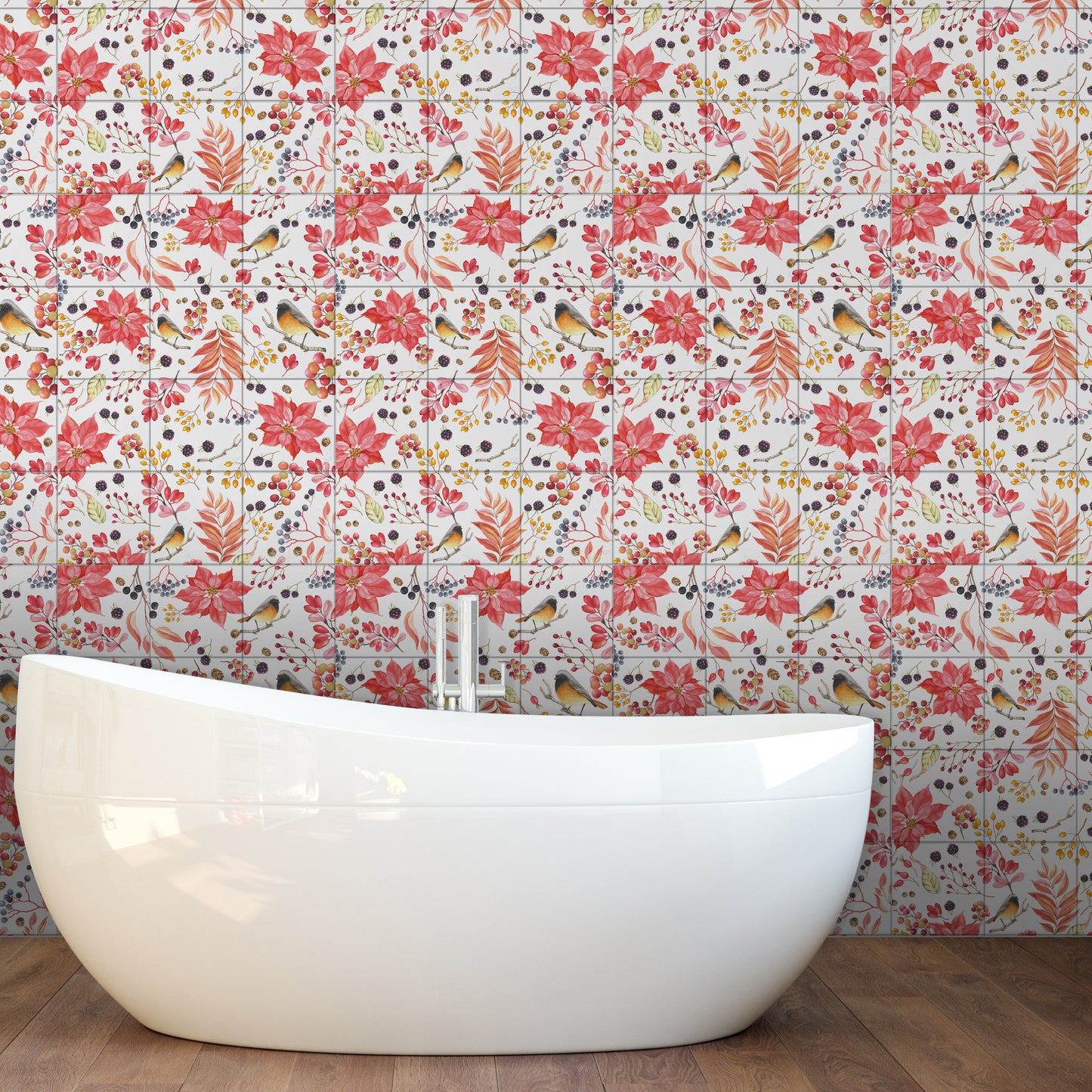WT1527 Poinsettia the Winter Joy Tiles Mix Wall Stickers - 15 cm x 15 cm - 24 pcs.