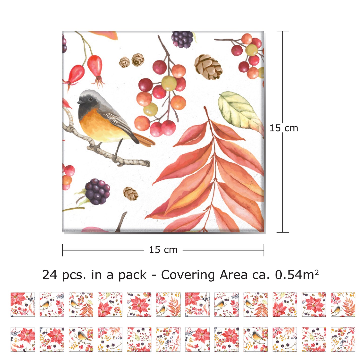 WT1527 Poinsettia the Winter Joy Tiles Mix Wall Stickers - 15 cm x 15 cm - 24 pcs.