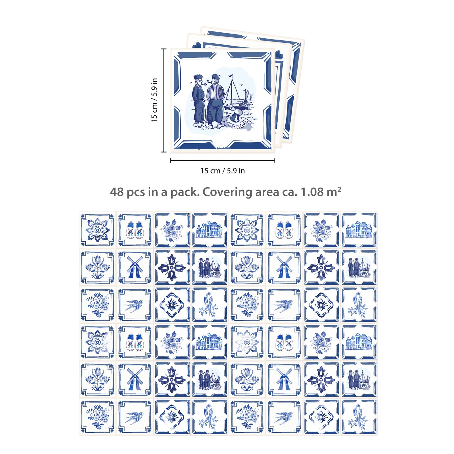 WT1528 - Dutch Blue Tiles Wall Stickers - 15 cm x 15 cm - 24 pcs.