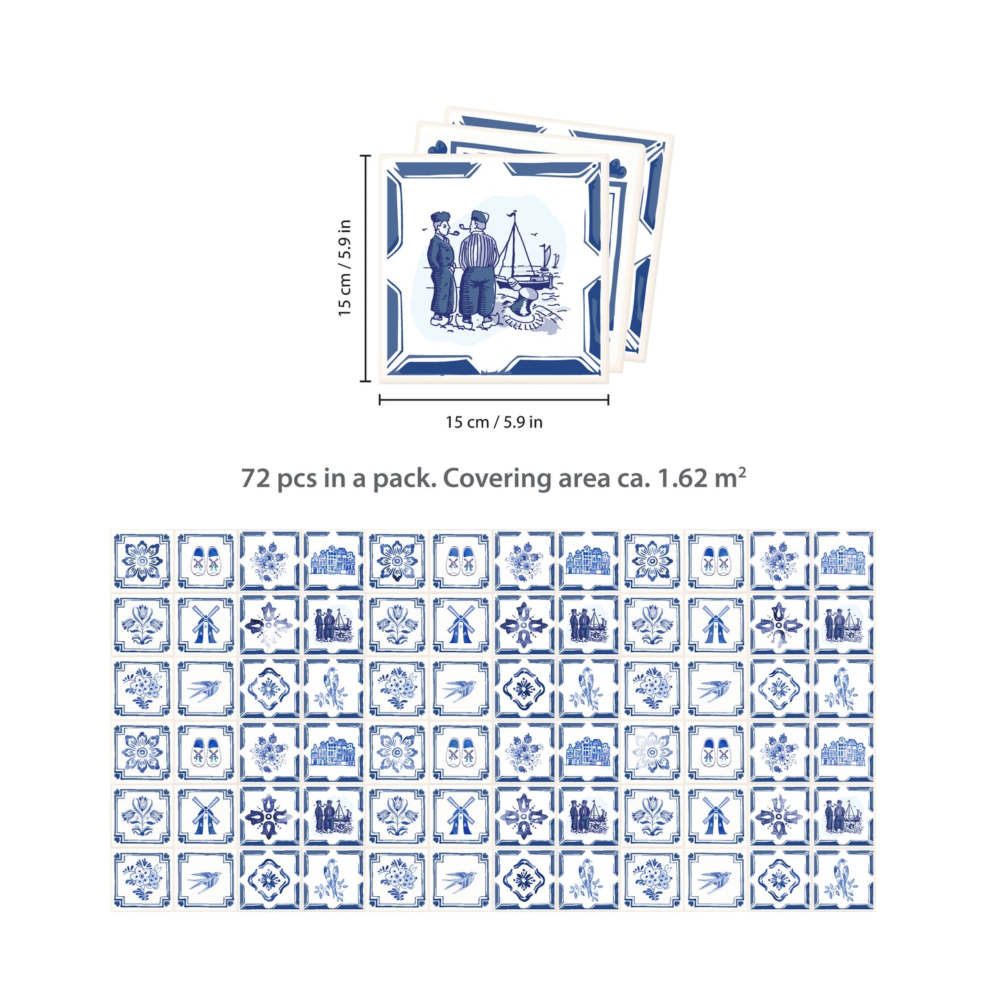 WT1528 - Dutch Blue Tiles Wall Stickers - 15 cm x 15 cm - 24 pcs.