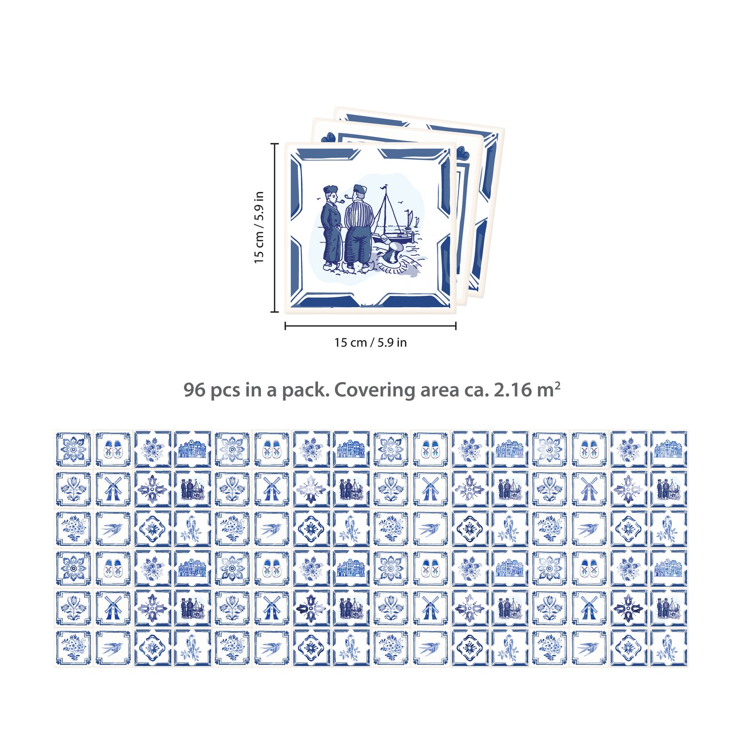 WT1528 - Dutch Blue Tiles Wall Stickers - 15 cm x 15 cm - 24 pcs.