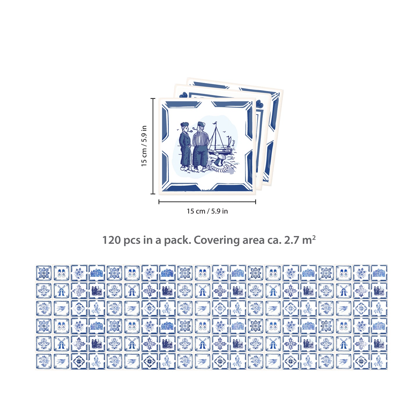 WT1528 - Dutch Blue Tiles Wall Stickers - 15 cm x 15 cm - 24 pcs.