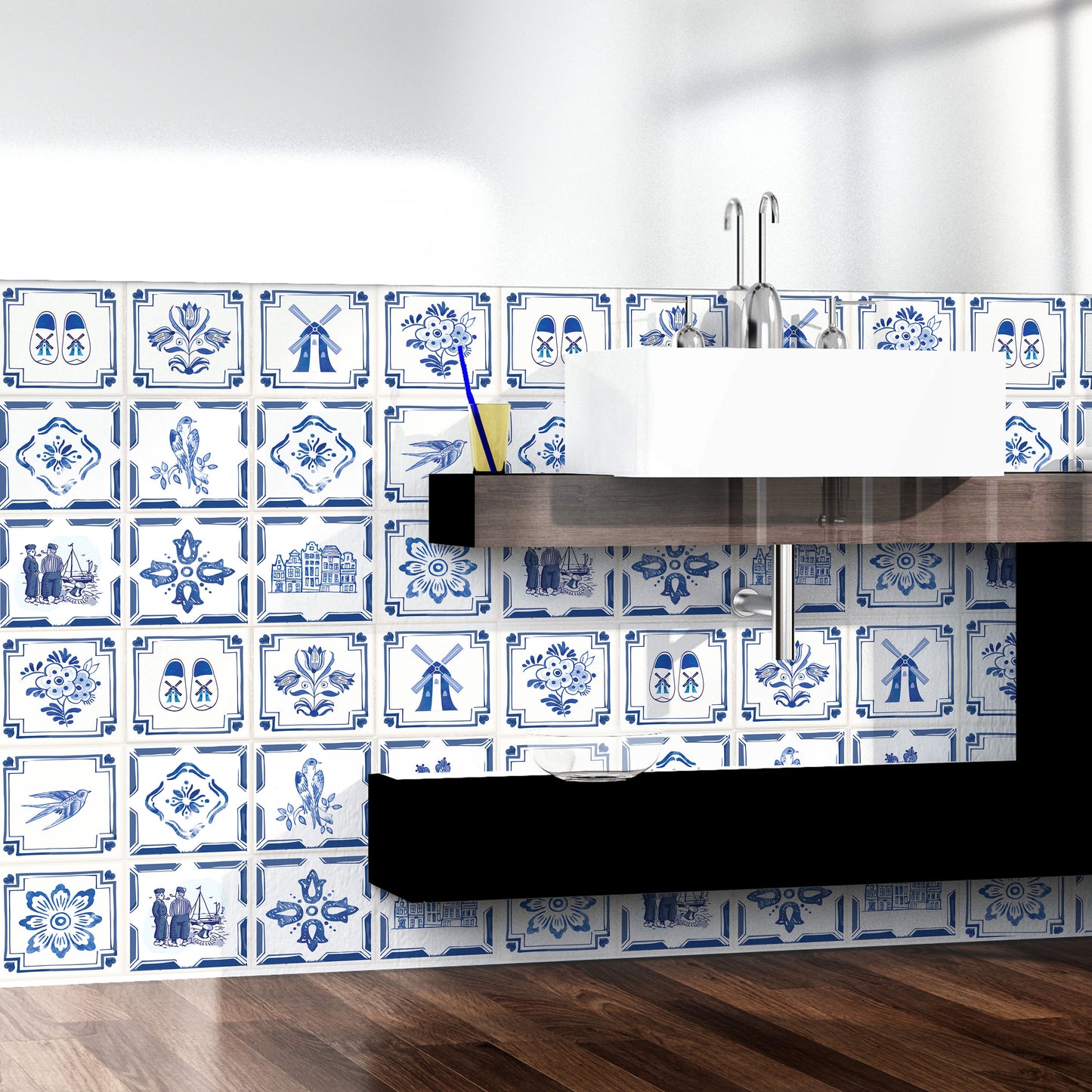 WT1528 - Dutch Blue Tiles Wall Stickers - 15 cm x 15 cm - 24 pcs.