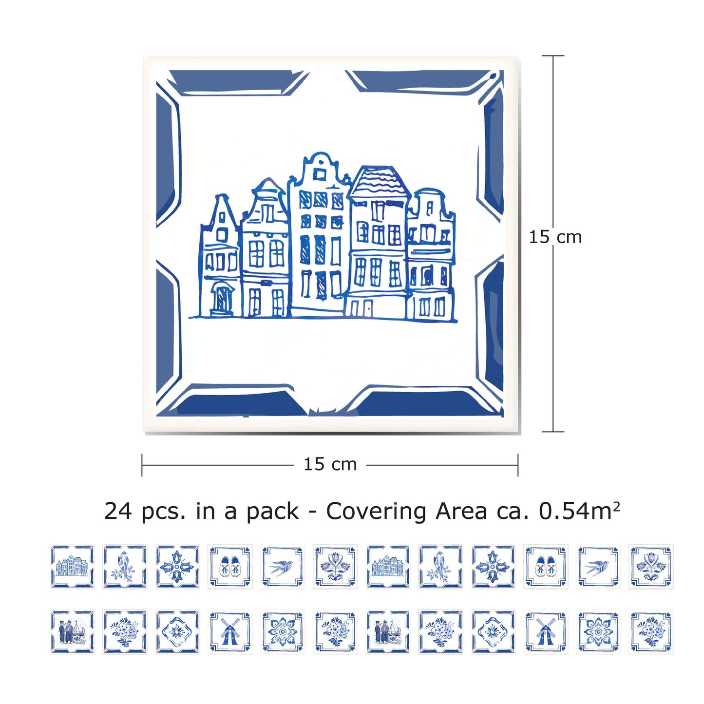 WT1528 - Dutch Blue Tiles Wall Stickers - 15 cm x 15 cm - 24 pcs.