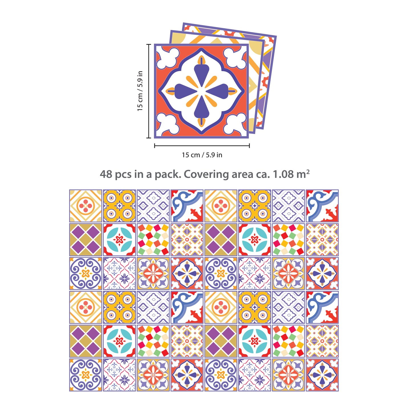 WT1529 - Colourful Moroccan Tiles Wall Stickers - 15 cm x 15 cm - 24 pcs.
