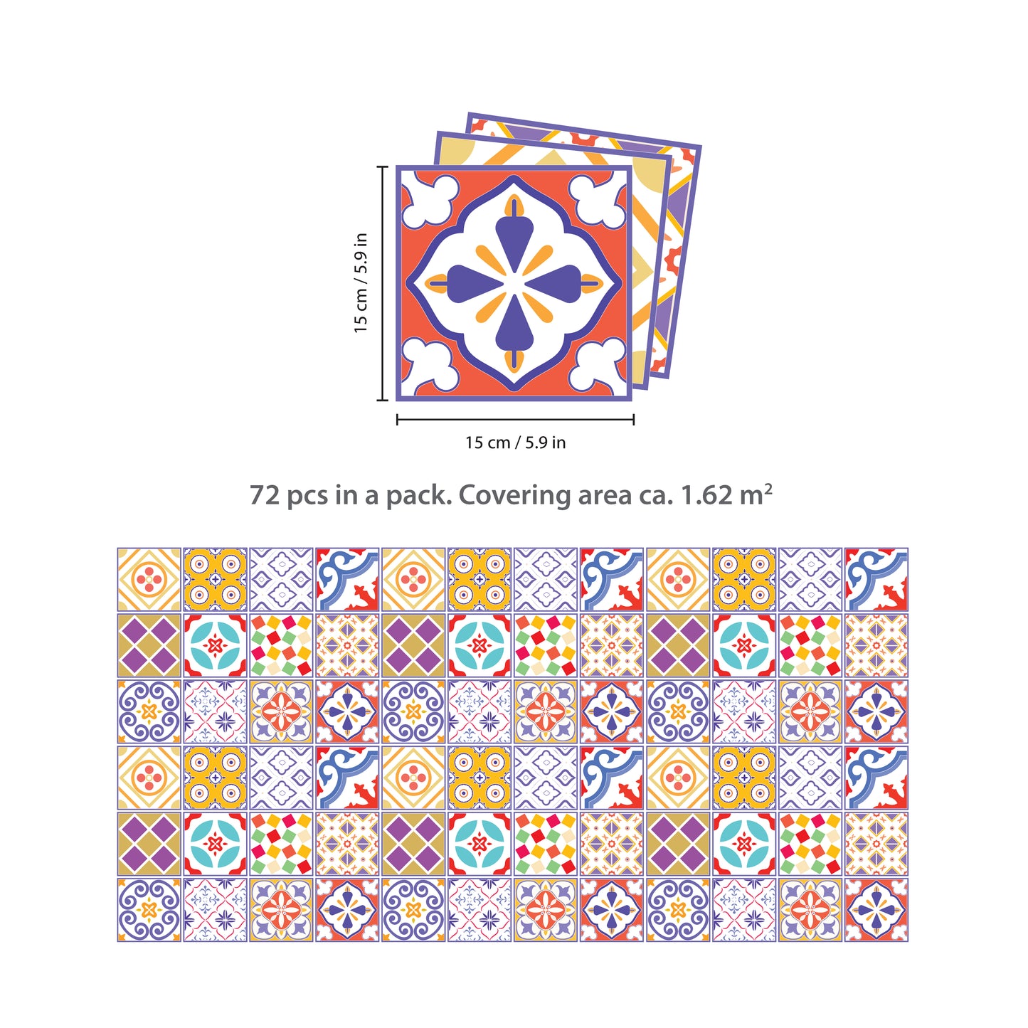 WT1529 - Colourful Moroccan Tiles Wall Stickers - 15 cm x 15 cm - 24 pcs.