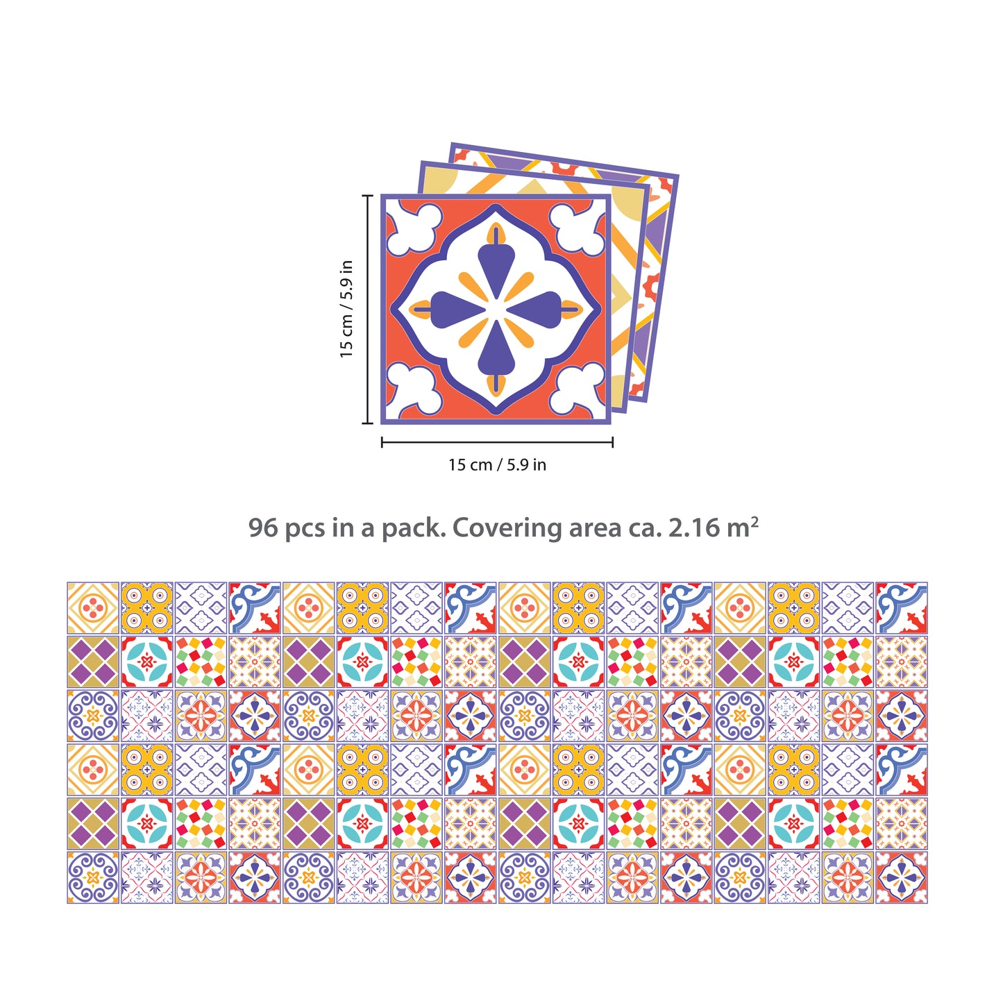 WT1529 - Colourful Moroccan Tiles Wall Stickers - 15 cm x 15 cm - 24 pcs.