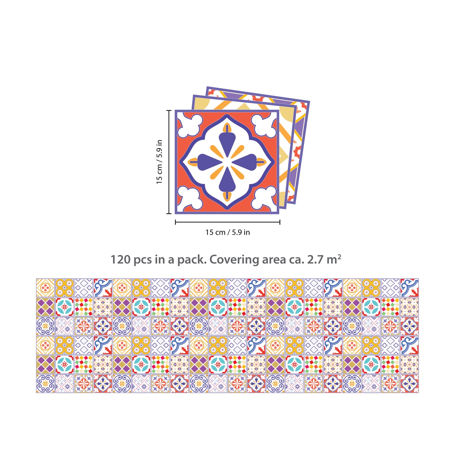 WT1529 - Colourful Moroccan Tiles Wall Stickers - 15 cm x 15 cm - 24 pcs.