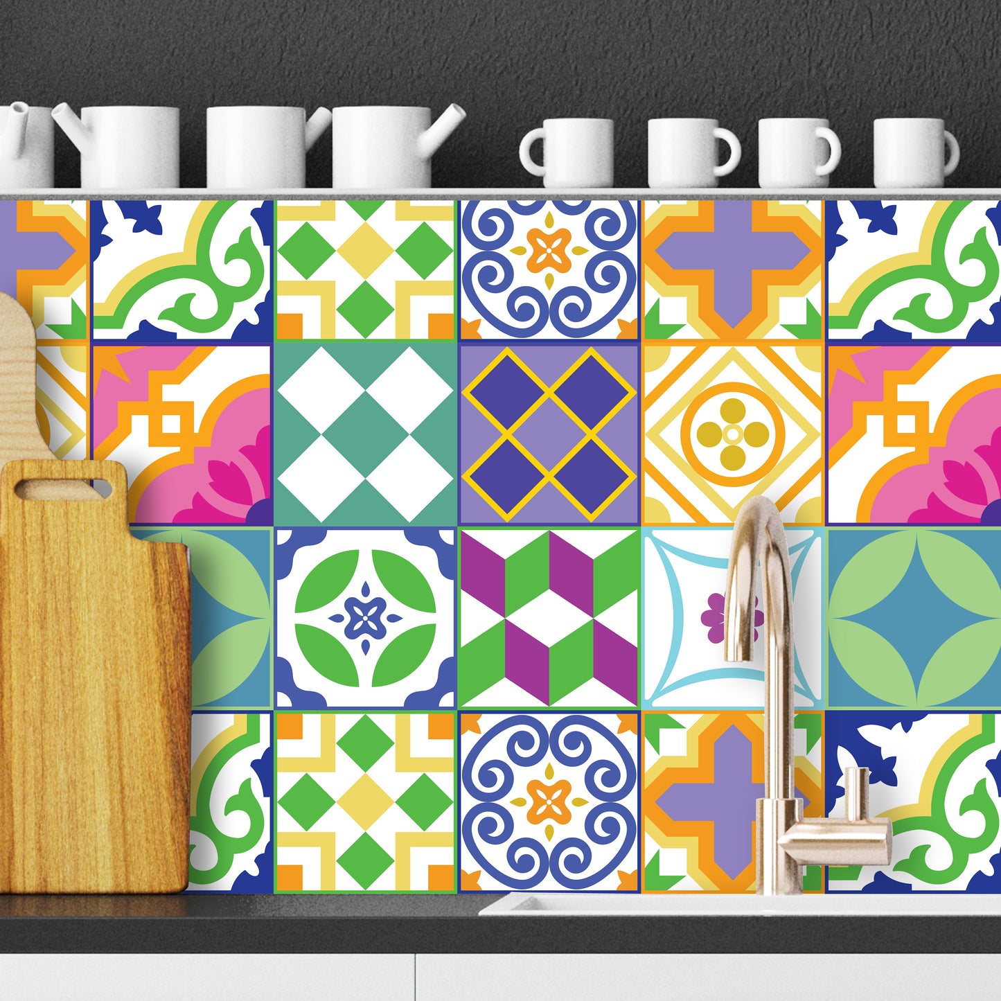 WT1533 - Classic Spanish Colourful Mixed Tiles Wall Stickers Set 1 - 15 x 15 cm (6 x 6 inches) - 24 pcs.