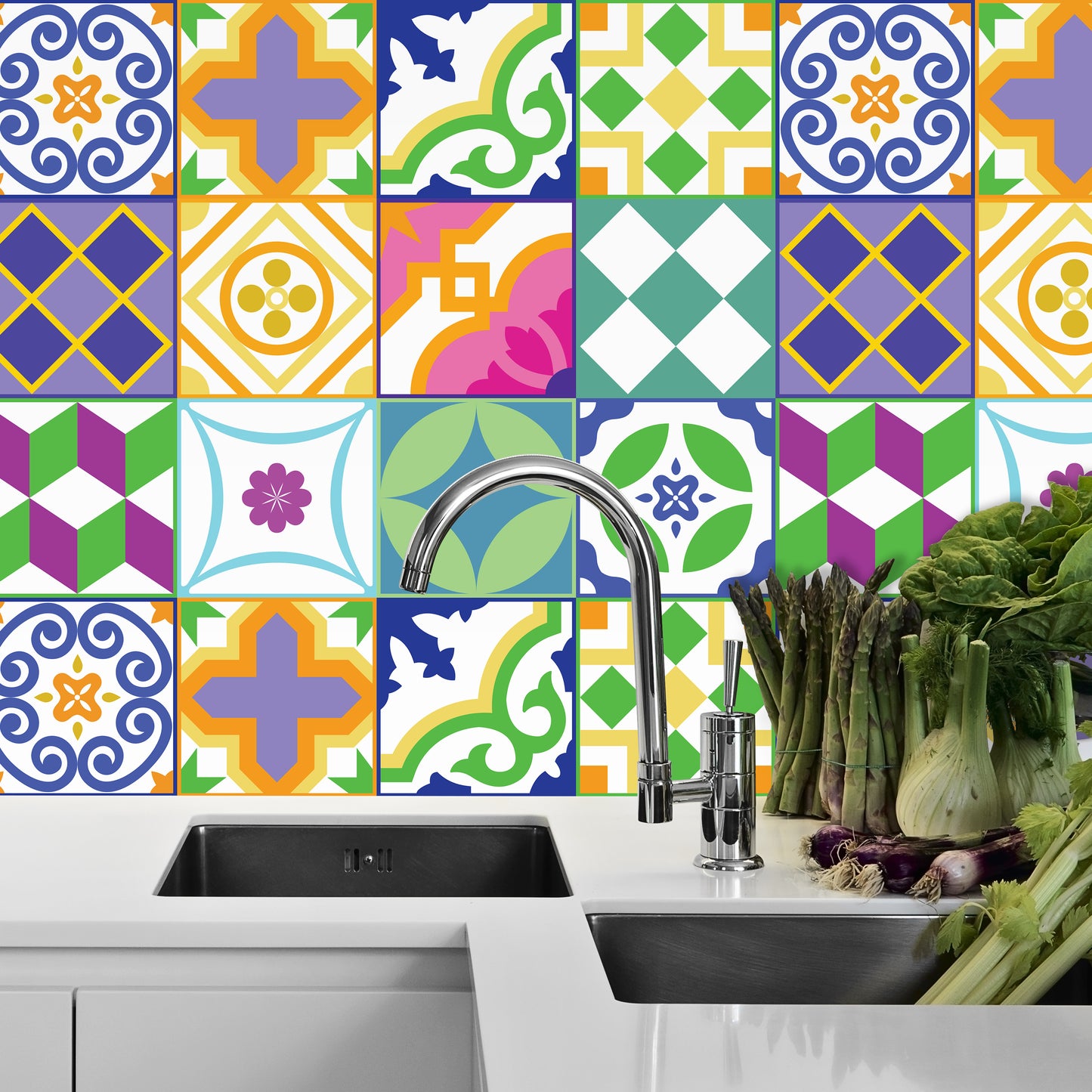 WT1533 - Classic Spanish Colourful Mixed Tiles Wall Stickers Set 1 - 15 x 15 cm (6 x 6 inches) - 24 pcs.