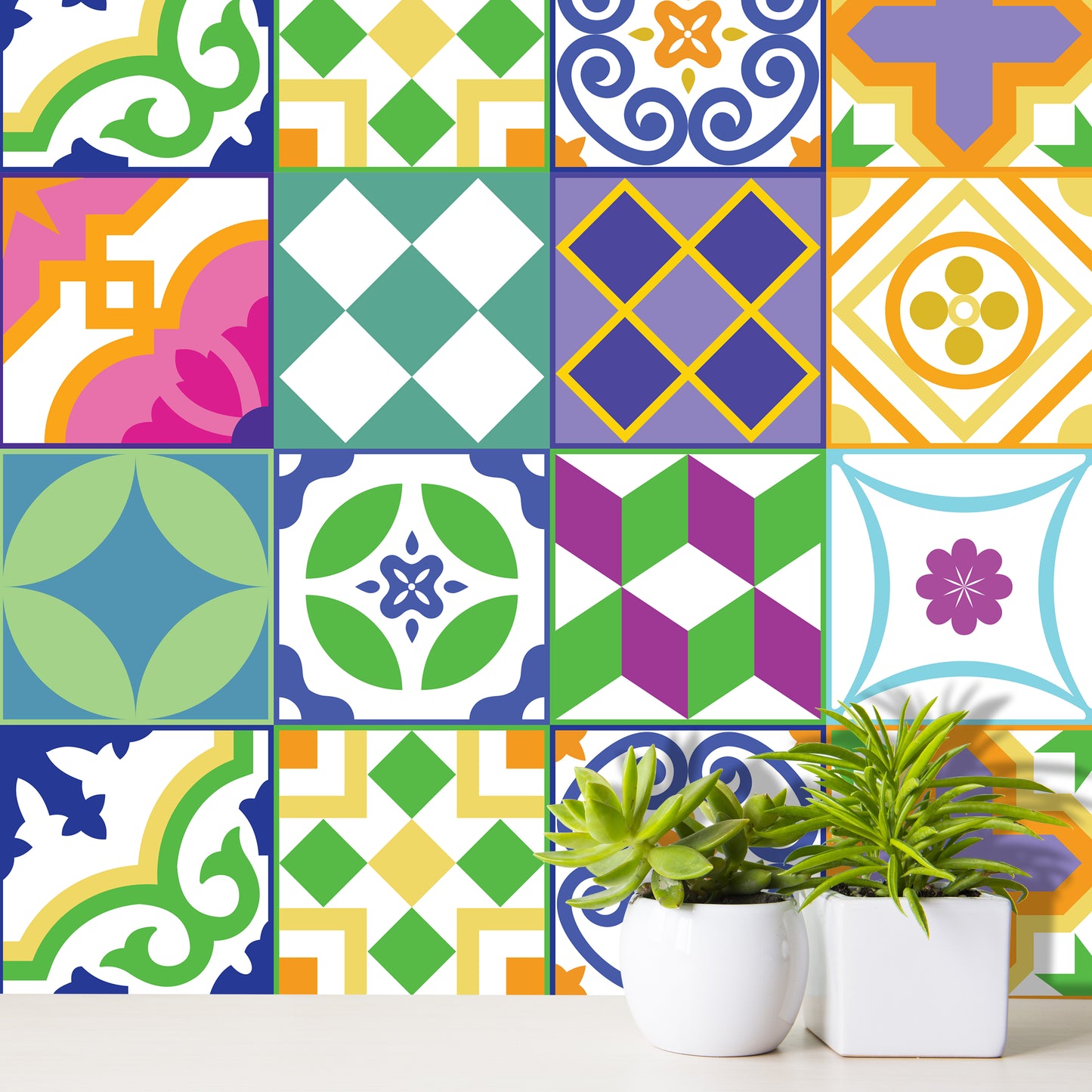 WT1533 - Classic Spanish Colourful Mixed Tiles Wall Stickers Set 1 - 15 x 15 cm (6 x 6 inches) - 24 pcs.