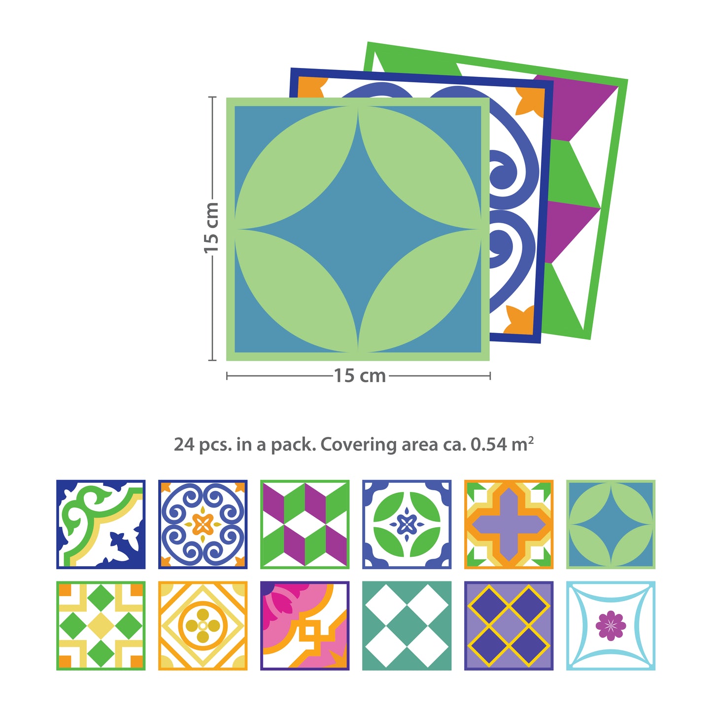 WT1533 - Classic Spanish Colourful Mixed Tiles Wall Stickers Set 1 - 15 x 15 cm (6 x 6 inches) - 24 pcs.