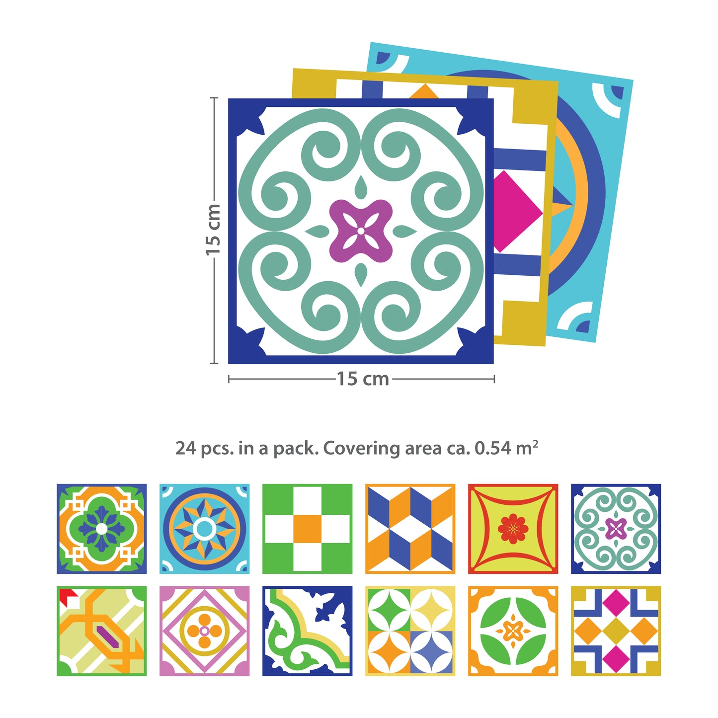 WT1534 - Classic Spanish Colourful Mixed Tiles Wall Stickers Set 2 - 15 x 15 cm (6 x 6 inches) - 24 pcs.