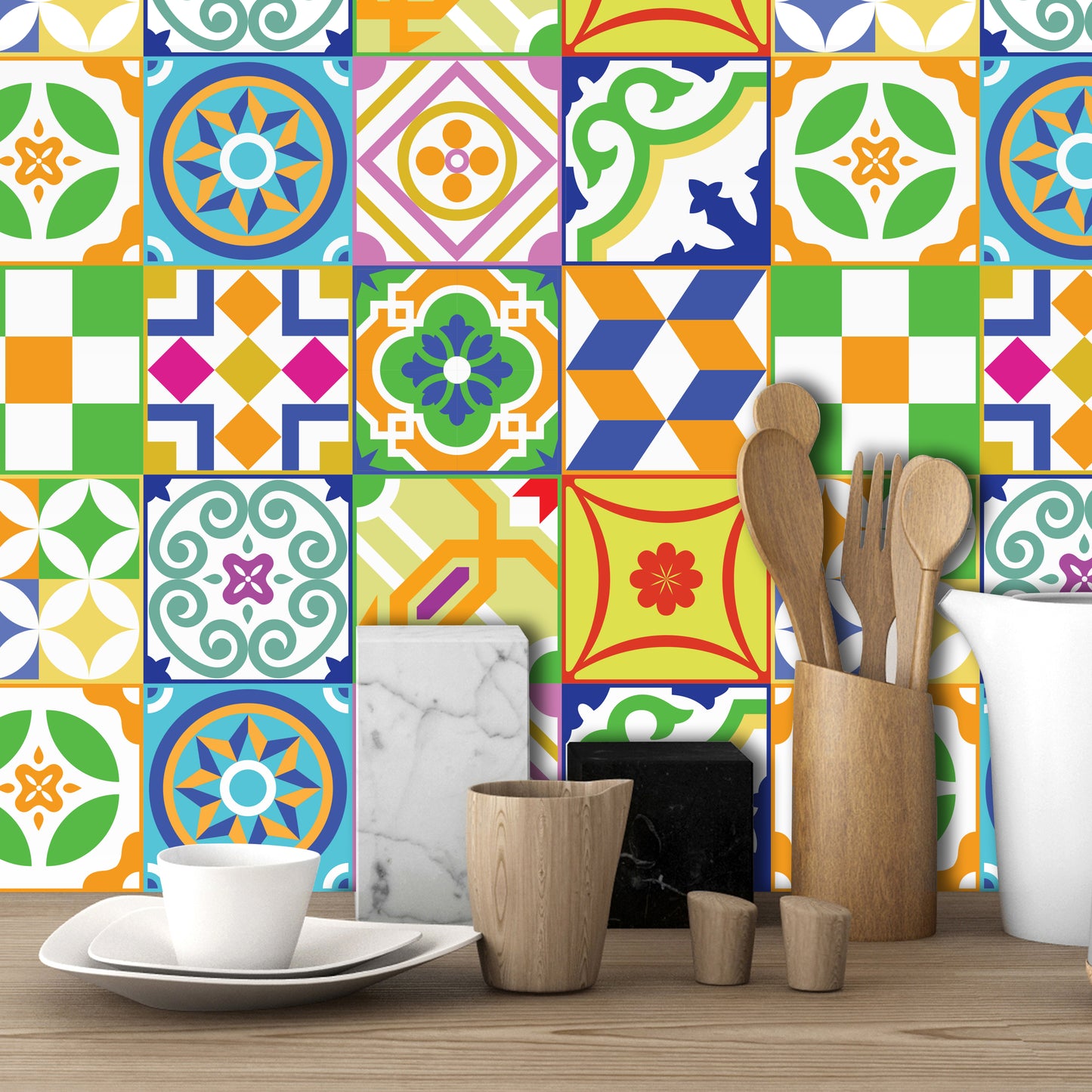 WT1534 - Classic Spanish Colourful Mixed Tiles Wall Stickers Set 2 - 15 x 15 cm (6 x 6 inches) - 24 pcs.