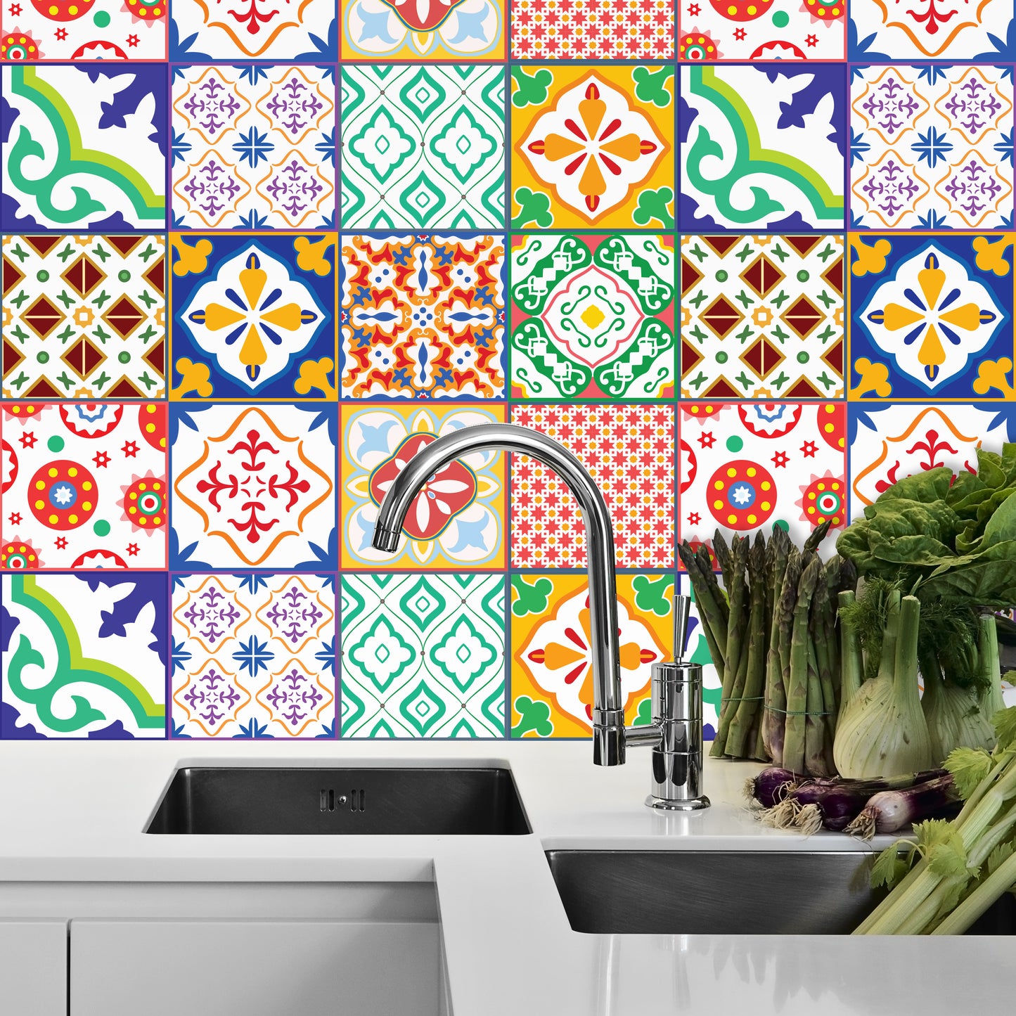 WT1535 - Classic Mediterranean Colourful Mixed Tiles Wall Stickers Set 1 - 15 x 15 cm (6 x 6 inches) - 24 pcs.