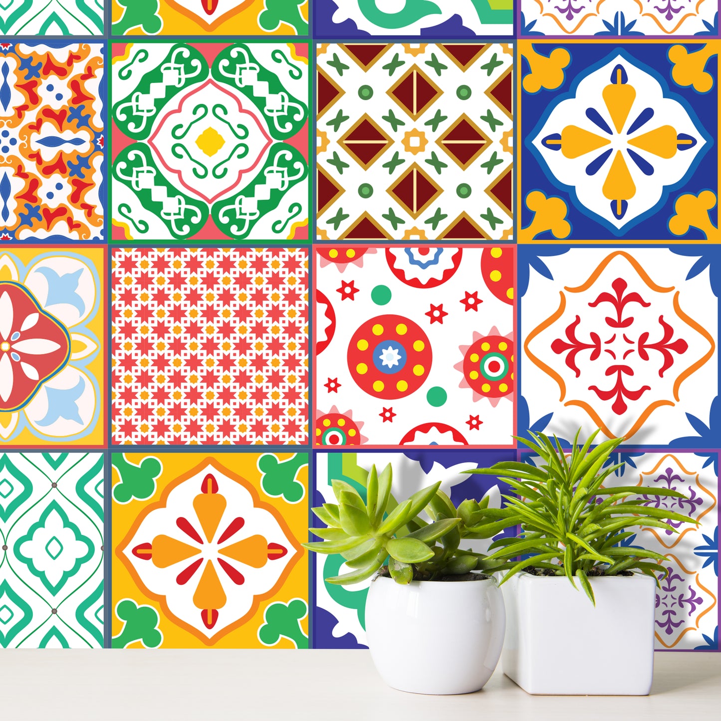 WT1535 - Classic Mediterranean Colourful Mixed Tiles Wall Stickers Set 1 - 15 x 15 cm (6 x 6 inches) - 24 pcs.