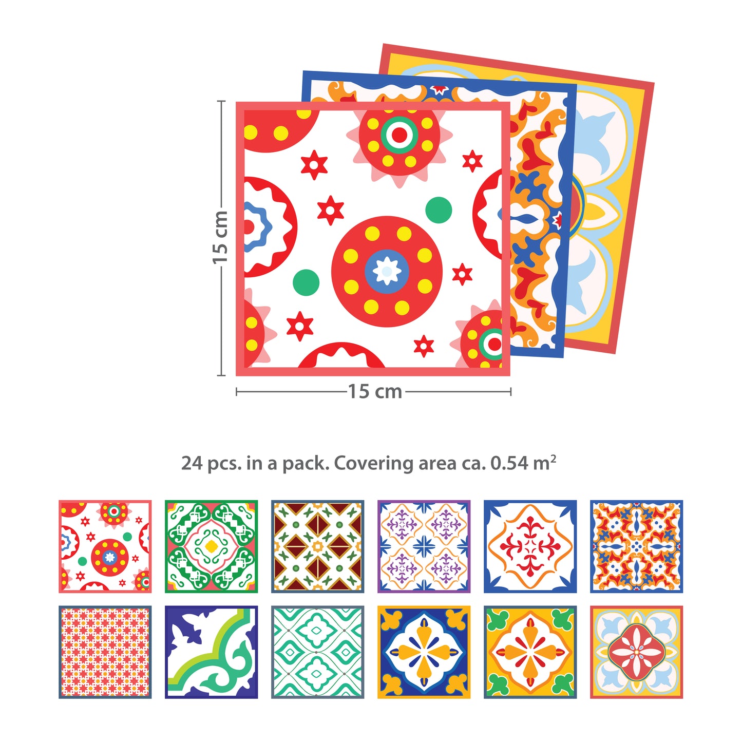 WT1535 - Classic Mediterranean Colourful Mixed Tiles Wall Stickers Set 1 - 15 x 15 cm (6 x 6 inches) - 24 pcs.