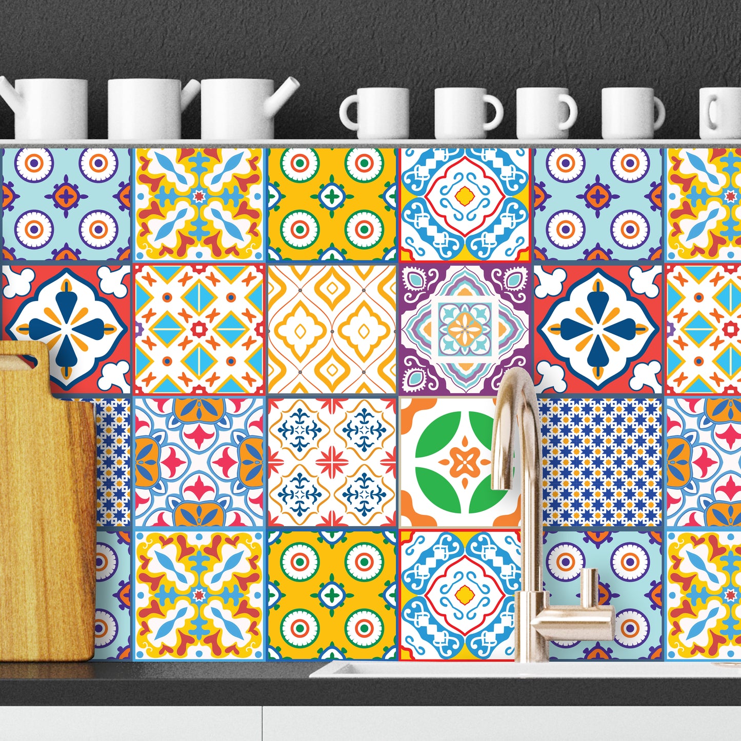 WT1536 - Classic Mediterranean Colourful Mixed Tiles Wall Stickers Set 2 - 15 x 15 cm (6 x 6 inches) - 24 pcs.