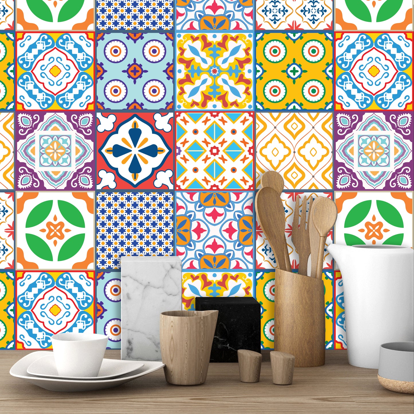 WT1536 - Classic Mediterranean Colourful Mixed Tiles Wall Stickers Set 2 - 15 x 15 cm (6 x 6 inches) - 24 pcs.