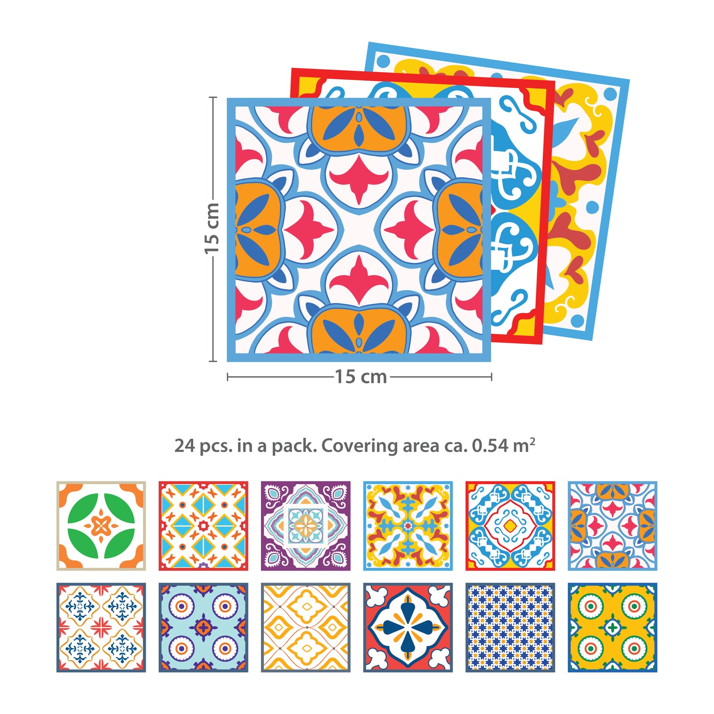 WT1536 - Classic Mediterranean Colourful Mixed Tiles Wall Stickers Set 2 - 15 x 15 cm (6 x 6 inches) - 24 pcs.