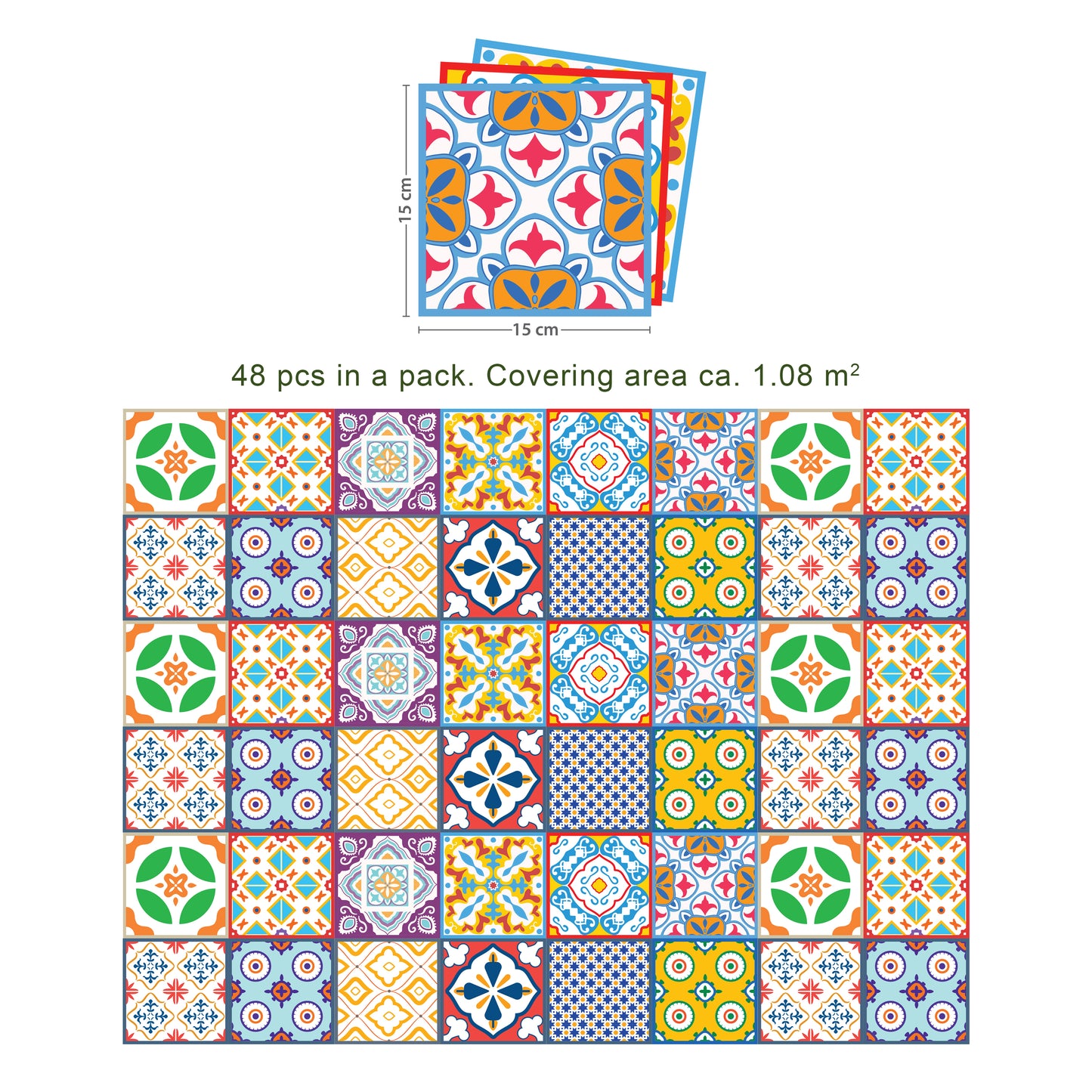 WT1536 - Classic Mediterranean Colourful Mixed Tiles Wall Stickers Set 2 - 15 x 15 cm (6 x 6 inches) - 24 pcs.