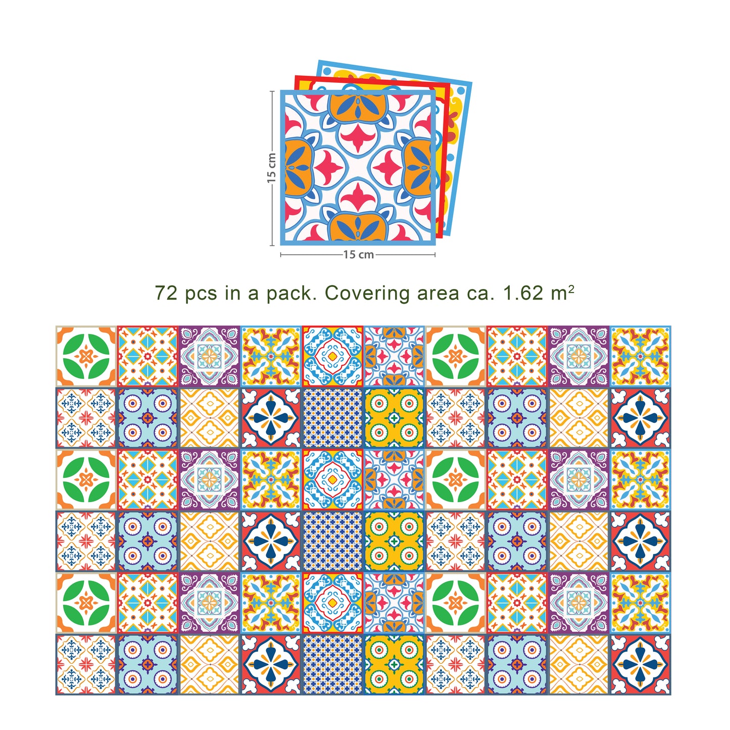 WT1536 - Classic Mediterranean Colourful Mixed Tiles Wall Stickers Set 2 - 15 x 15 cm (6 x 6 inches) - 24 pcs.