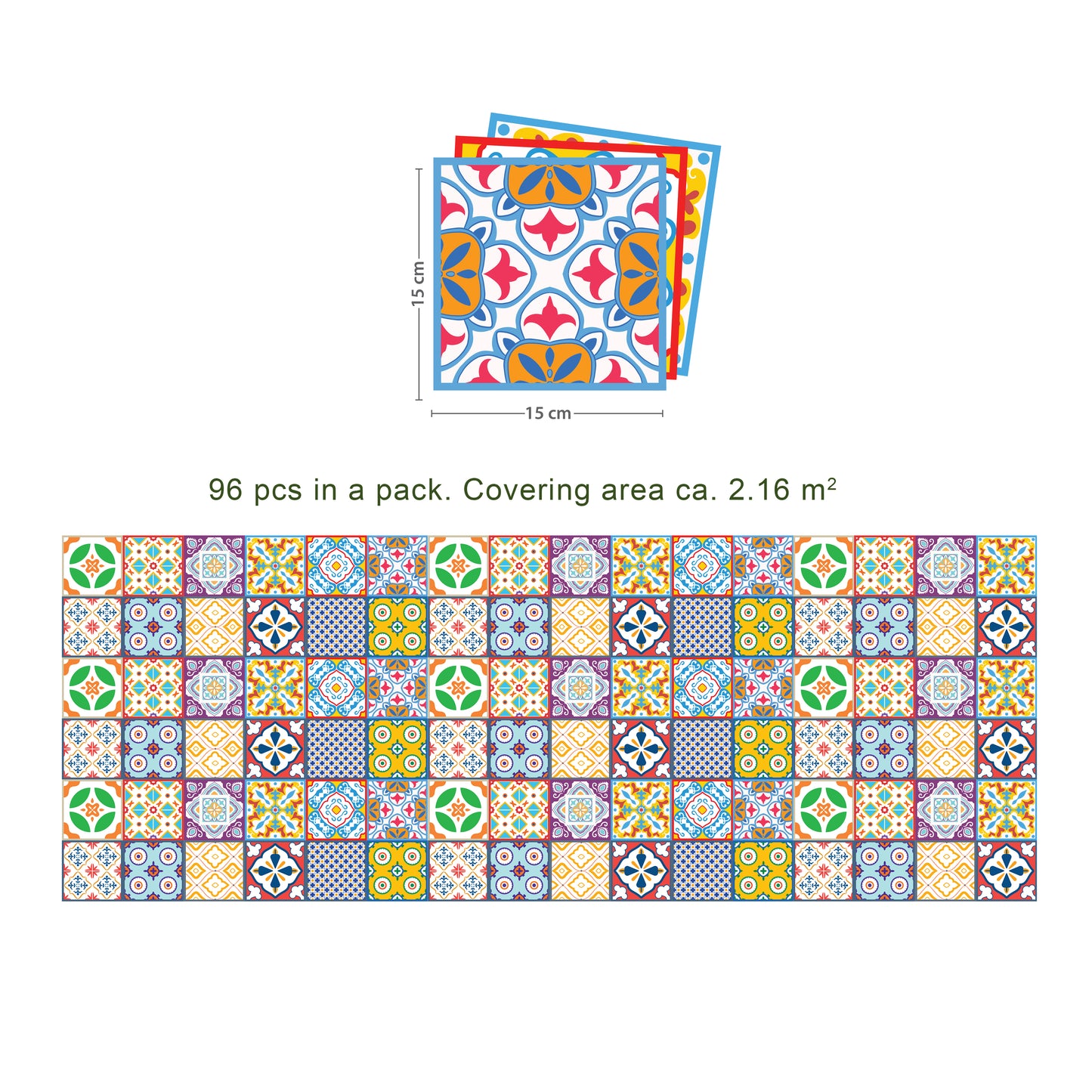 WT1536 - Classic Mediterranean Colourful Mixed Tiles Wall Stickers Set 2 - 15 x 15 cm (6 x 6 inches) - 24 pcs.