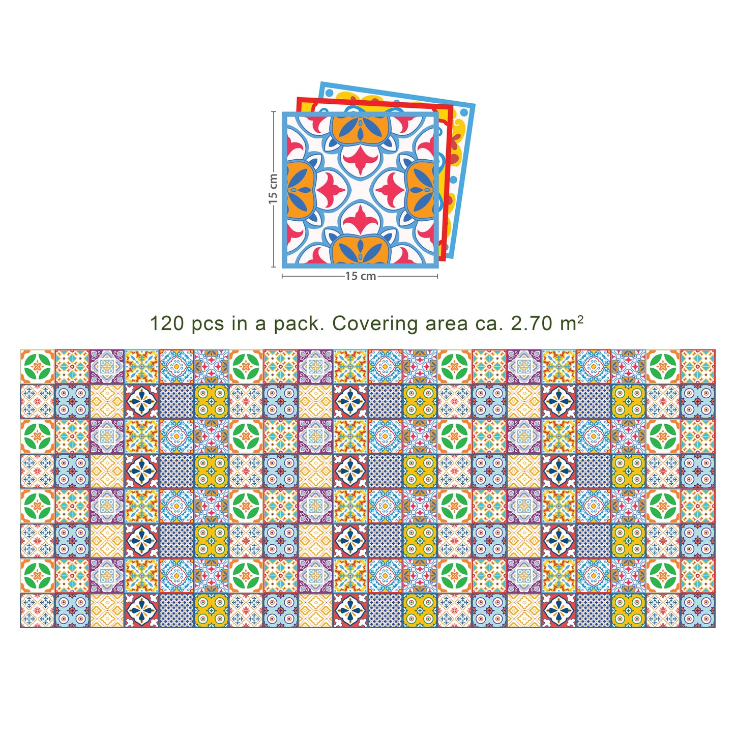 WT1536 - Classic Mediterranean Colourful Mixed Tiles Wall Stickers Set 2 - 15 x 15 cm (6 x 6 inches) - 24 pcs.