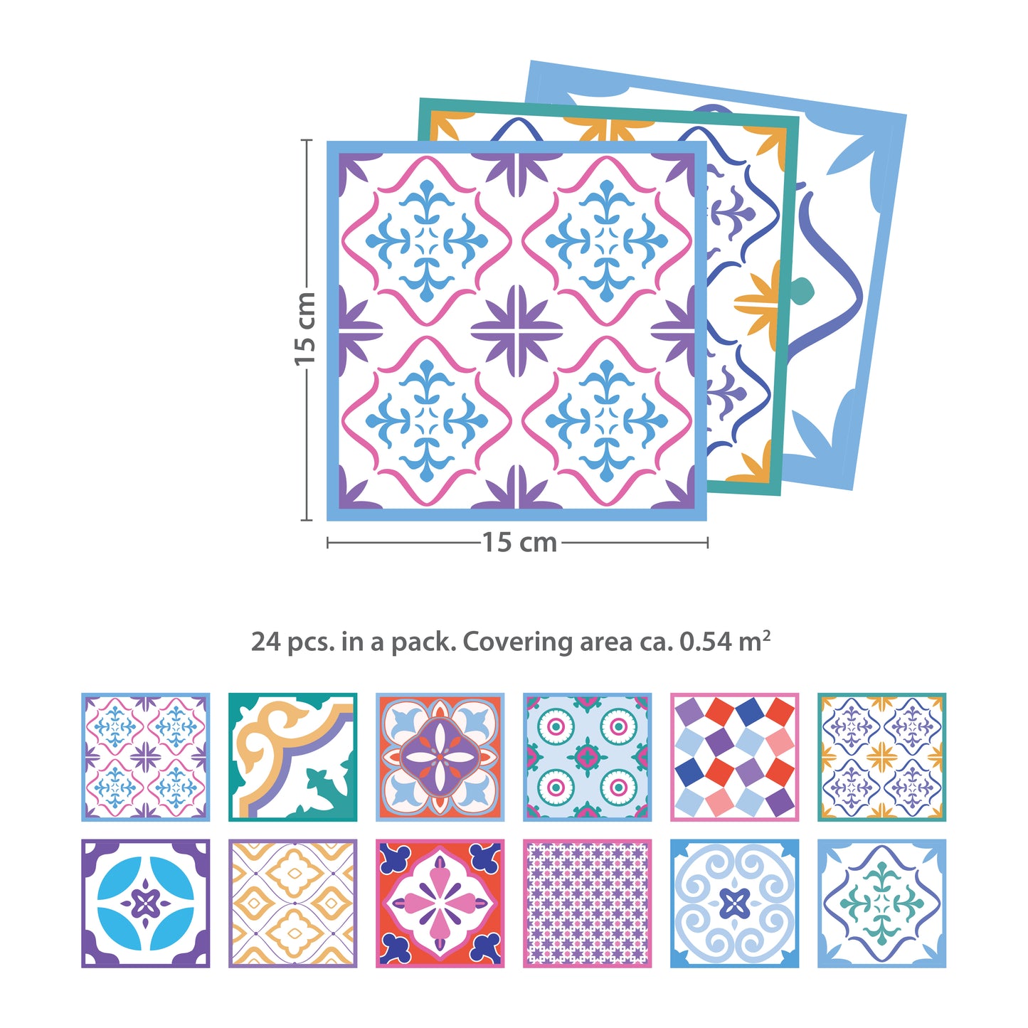 WT1537 - Classic Moroccan Colourful Mixed Tiles Wall Stickers Set 1 - 15 x 15 cm (6 x 6 inches) - 24 pcs.