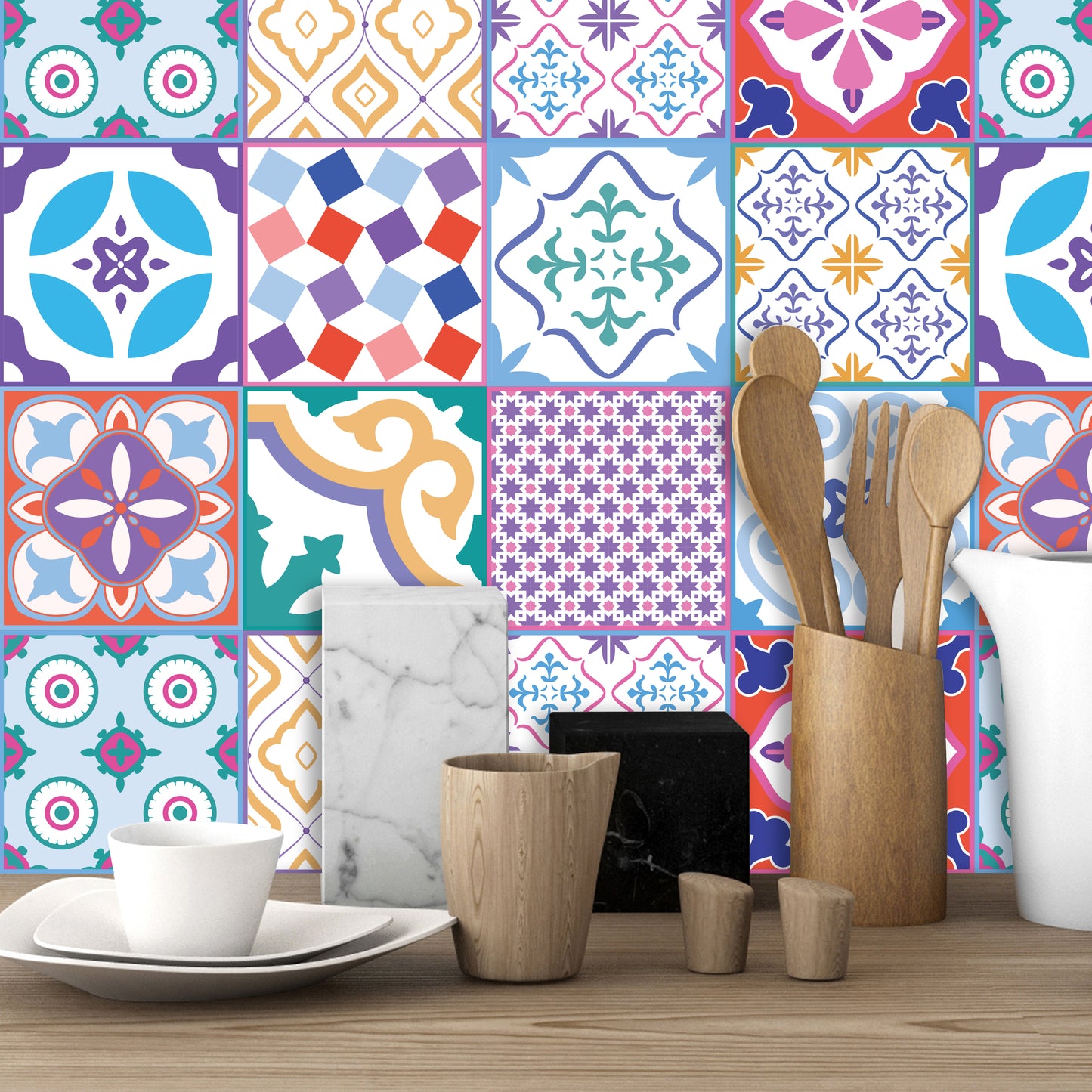 WT1537 - Classic Moroccan Colourful Mixed Tiles Wall Stickers Set 1 - 15 x 15 cm (6 x 6 inches) - 24 pcs.