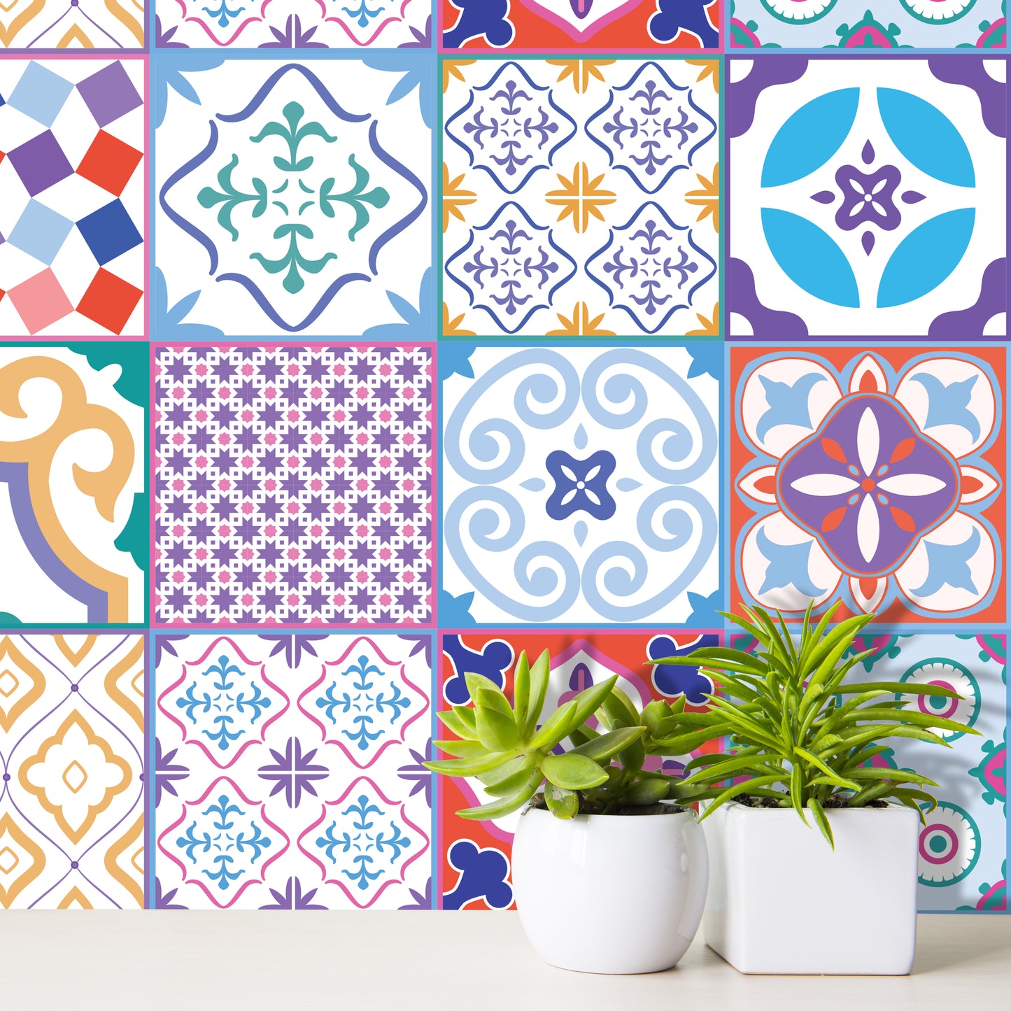 WT1537 - Classic Moroccan Colourful Mixed Tiles Wall Stickers Set 1 - 15 x 15 cm (6 x 6 inches) - 24 pcs.