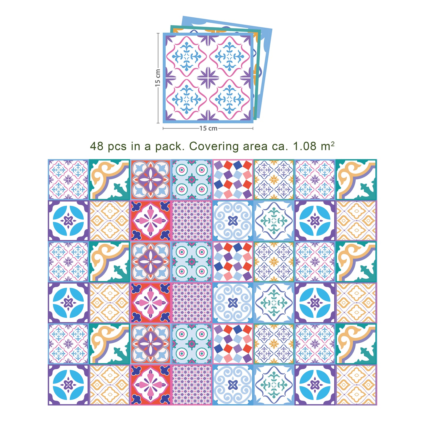 WT1537 - Classic Moroccan Colourful Mixed Tiles Wall Stickers Set 1 - 15 x 15 cm (6 x 6 inches) - 24 pcs.