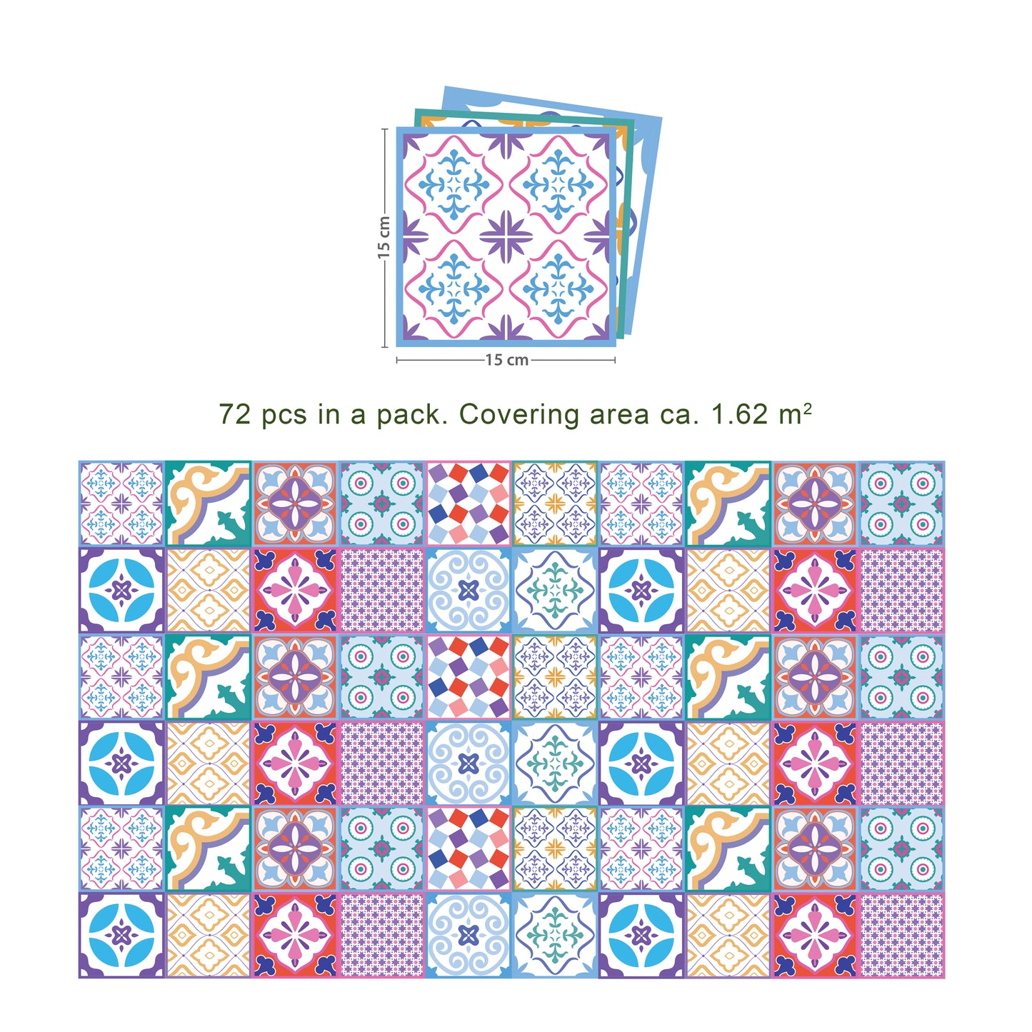 WT1537 - Classic Moroccan Colourful Mixed Tiles Wall Stickers Set 1 - 15 x 15 cm (6 x 6 inches) - 24 pcs.