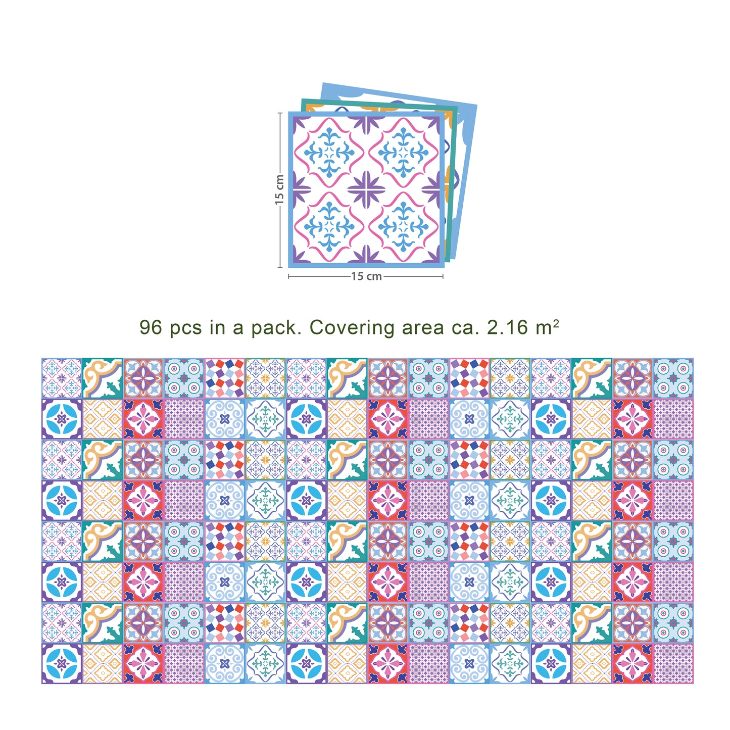 WT1537 - Classic Moroccan Colourful Mixed Tiles Wall Stickers Set 1 - 15 x 15 cm (6 x 6 inches) - 24 pcs.