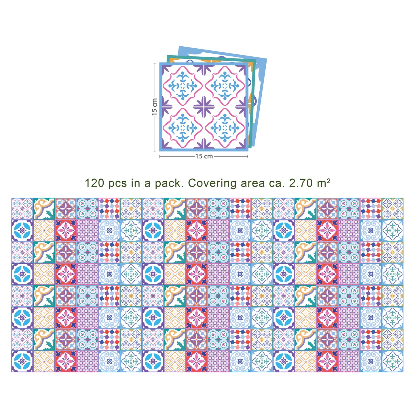 WT1537 - Classic Moroccan Colourful Mixed Tiles Wall Stickers Set 1 - 15 x 15 cm (6 x 6 inches) - 24 pcs.